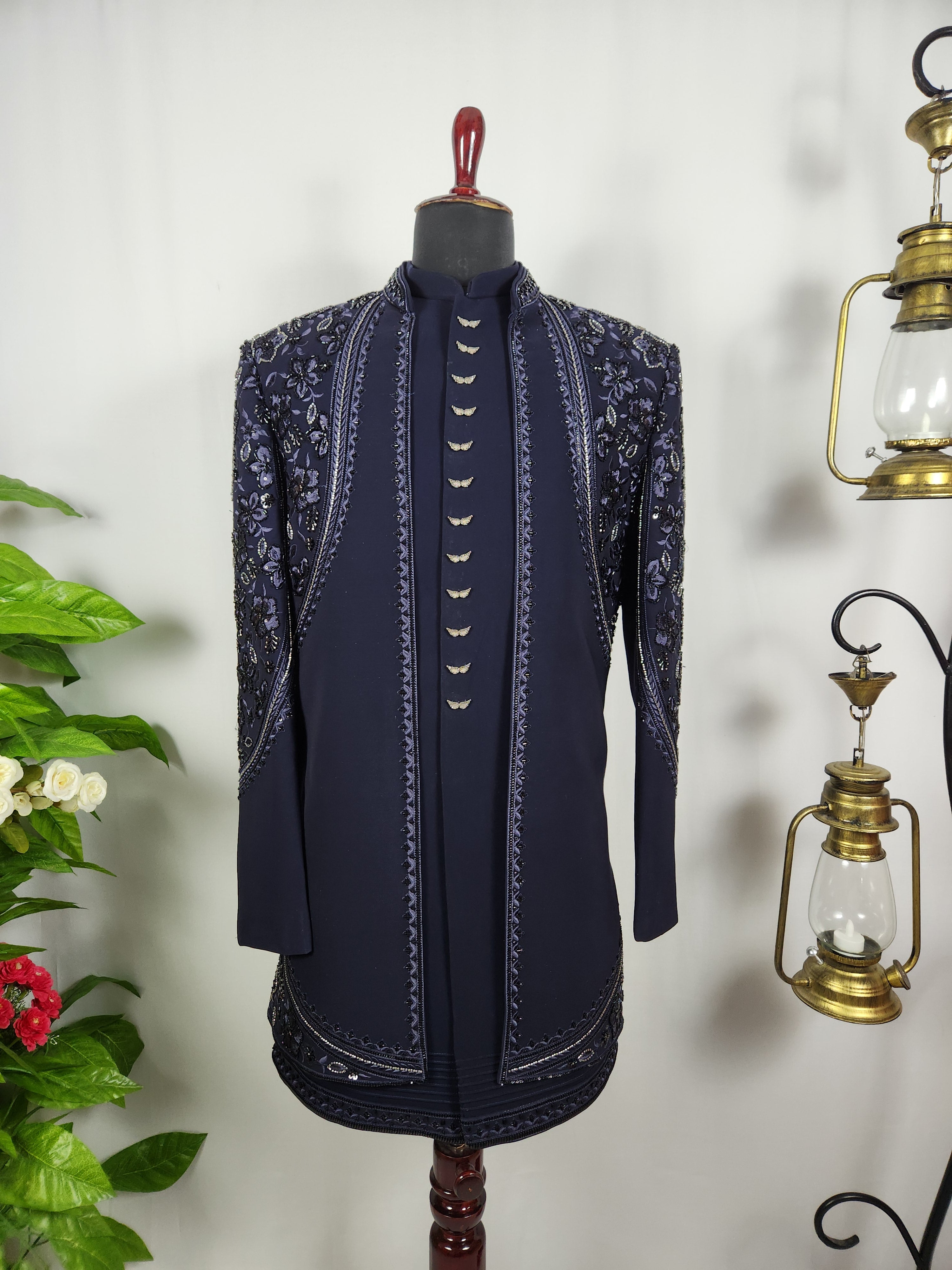 Blue Indo-Western Sherwani for Men | Indian Groom Wedding Outfit