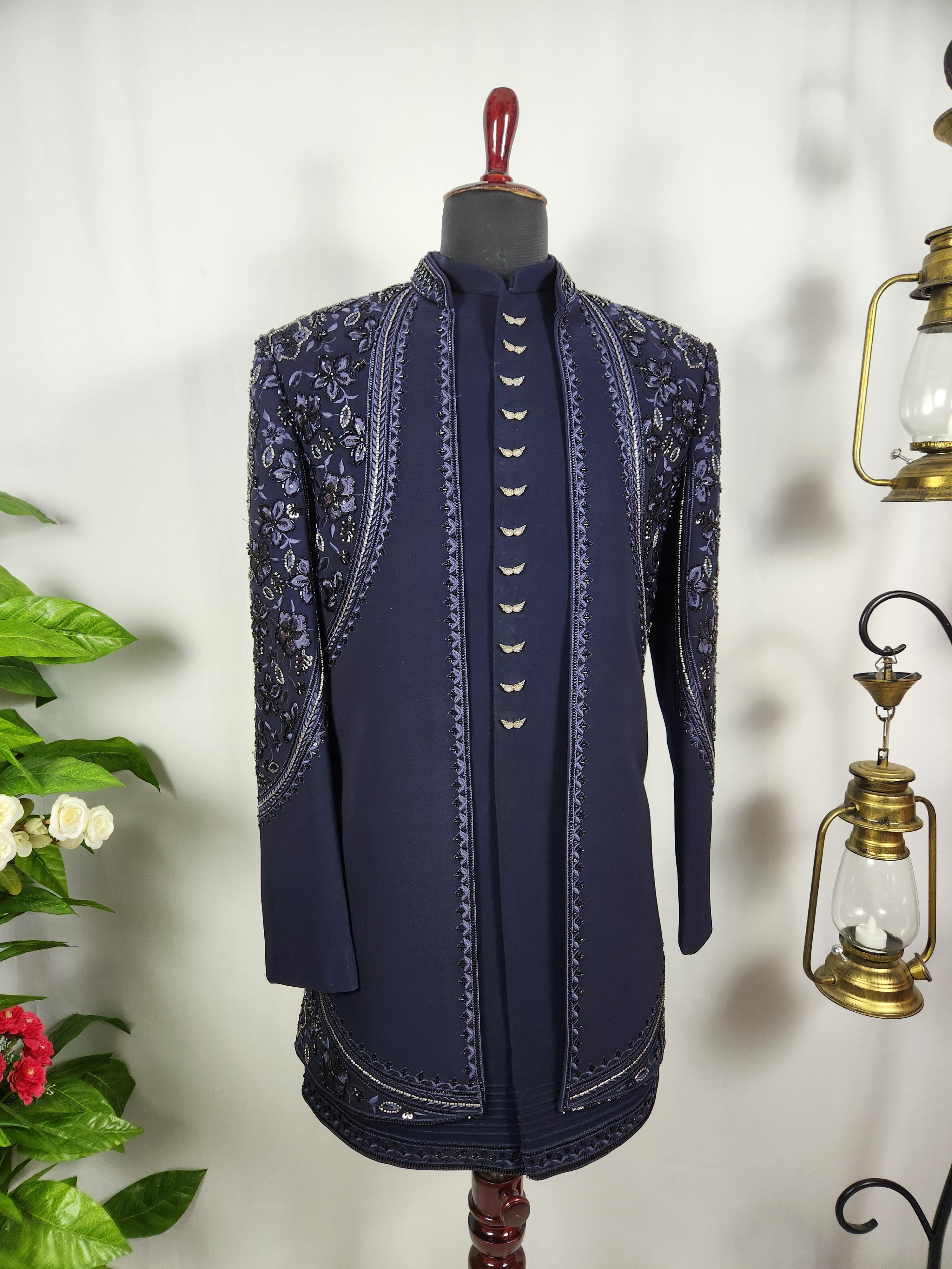 Blue Indo-Western Sherwani for Men | Indian Groom Wedding Outfit