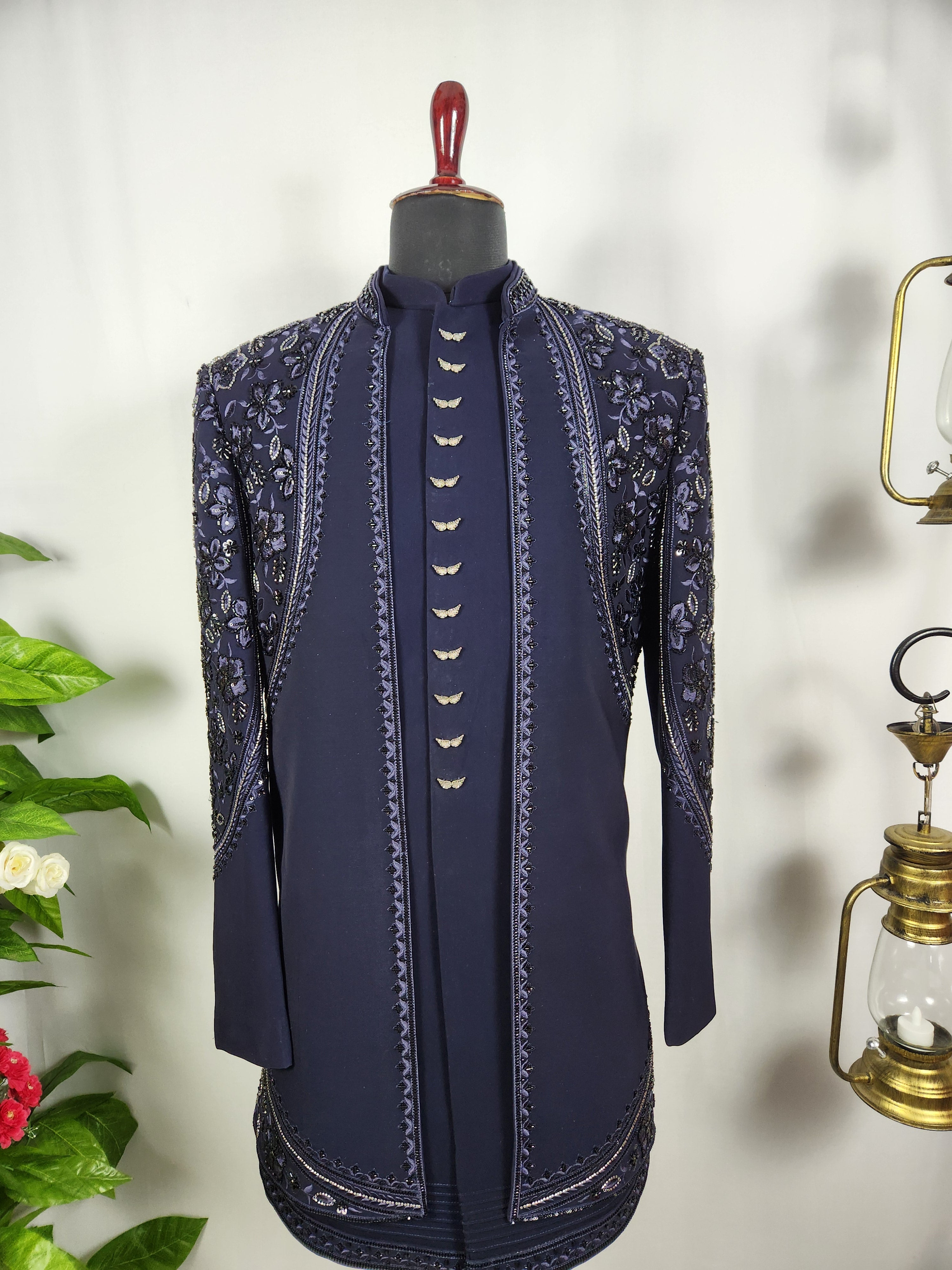 Blue Indo-Western Sherwani for Men | Indian Groom Wedding Outfit
