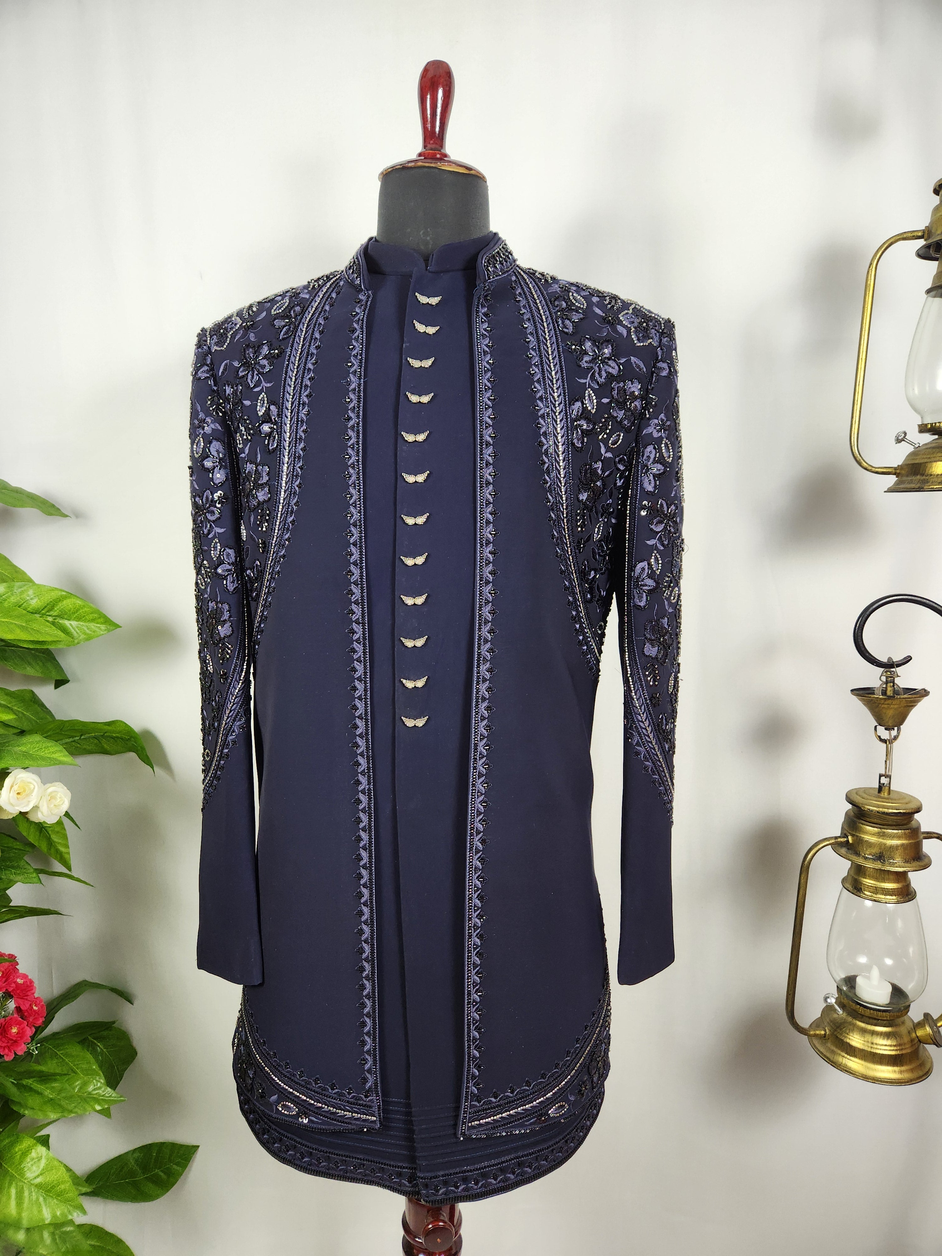 Blue Indo-Western Sherwani for Men | Indian Groom Wedding Outfit