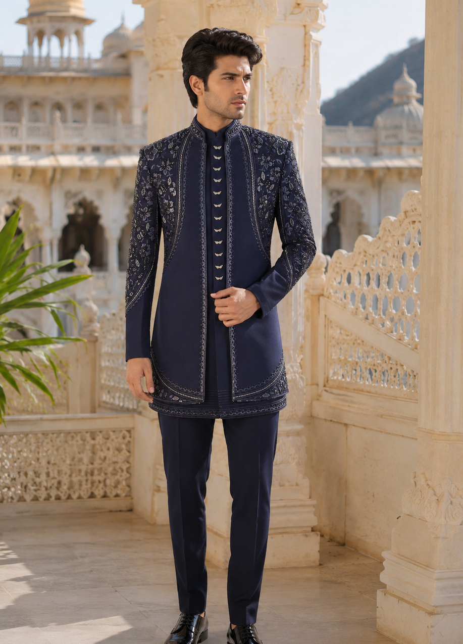 Blue Indo-Western Sherwani for Men | Indian Groom Wedding Outfit