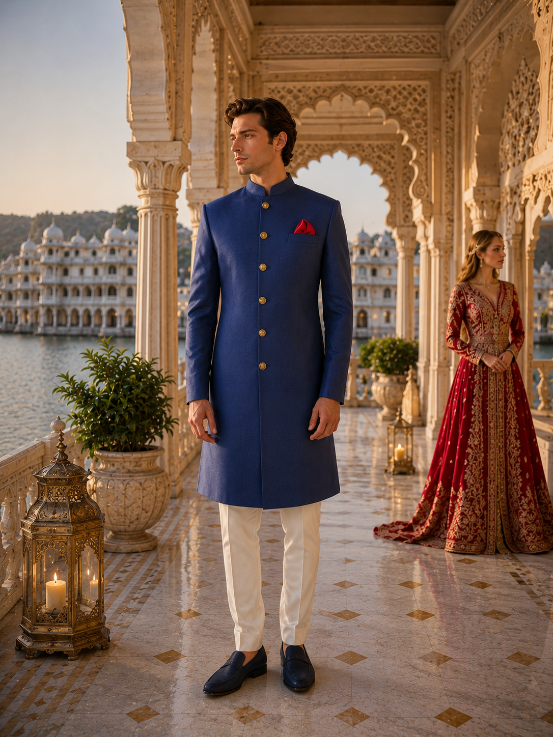 Blue Jodhpuri Achkan Sherwani for Men | Indian Groom Wedding Outfit