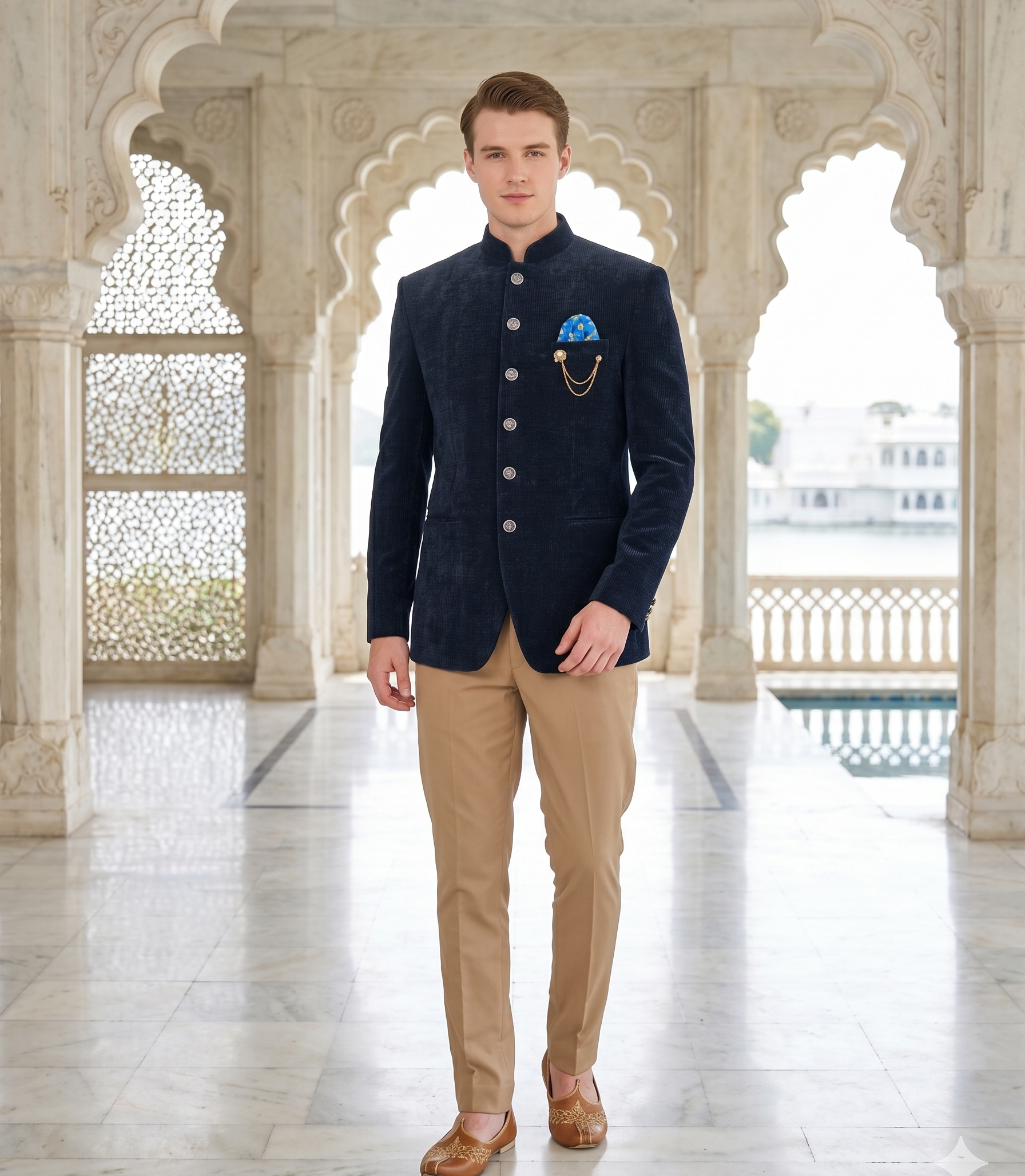 A man modeling a dark navy blue velvet Indian jacket (kurta) with silver buttons, paired with beige trousers and brown shoes, standing in a grand, ornate white marble corridor