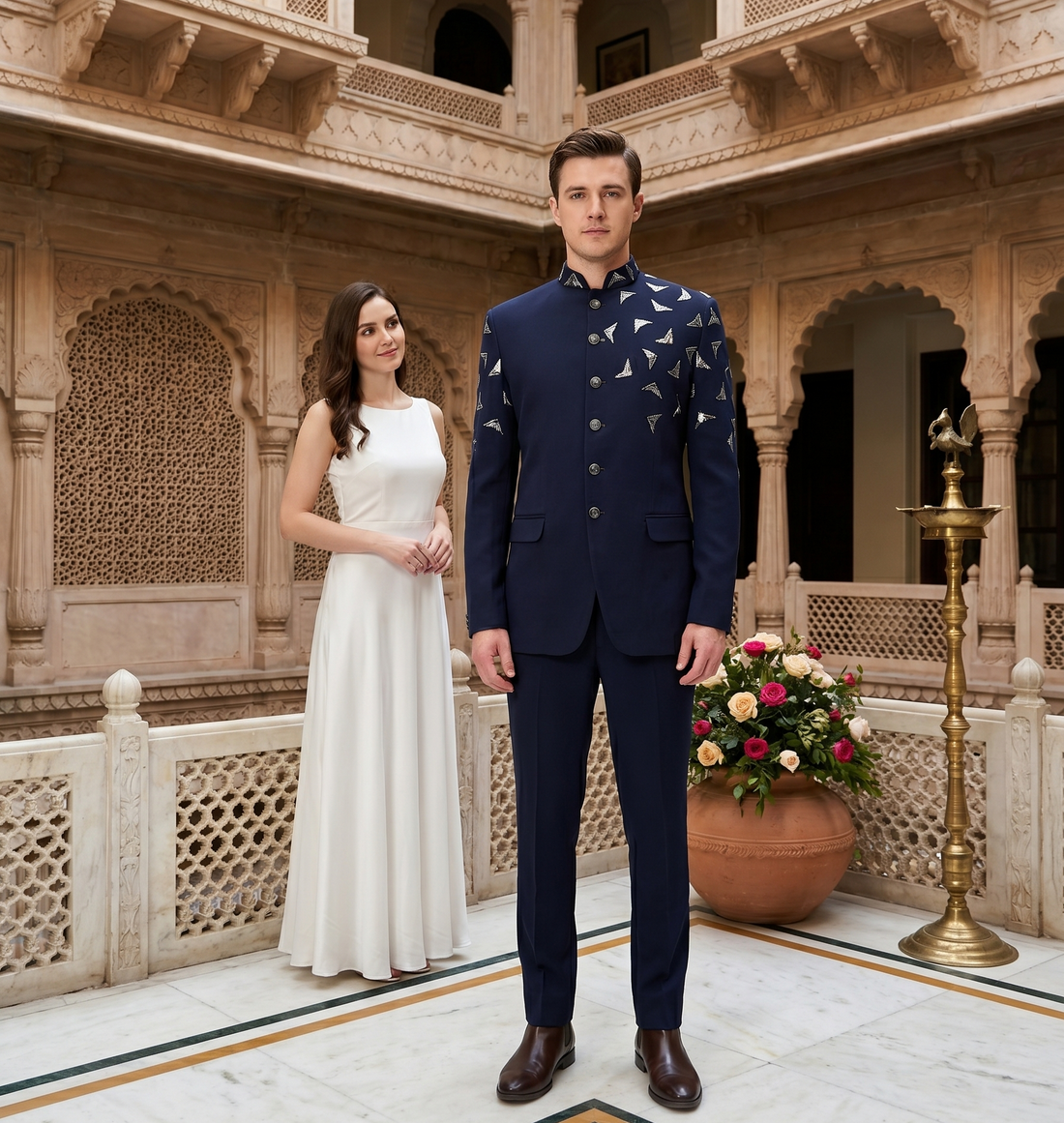 A man and a woman standing in a courtyard with ornate sandstone architecture. The man wears a dark navy traditional outfit with light embroidery on the chest, and the woman wears a sleeveless white gown