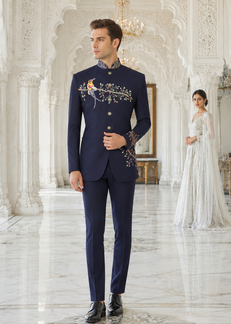 A man in a navy blue traditional Indian suit with gold embroidery stands in a grand white marble hall, while a woman in a white wedding gown stands in the background