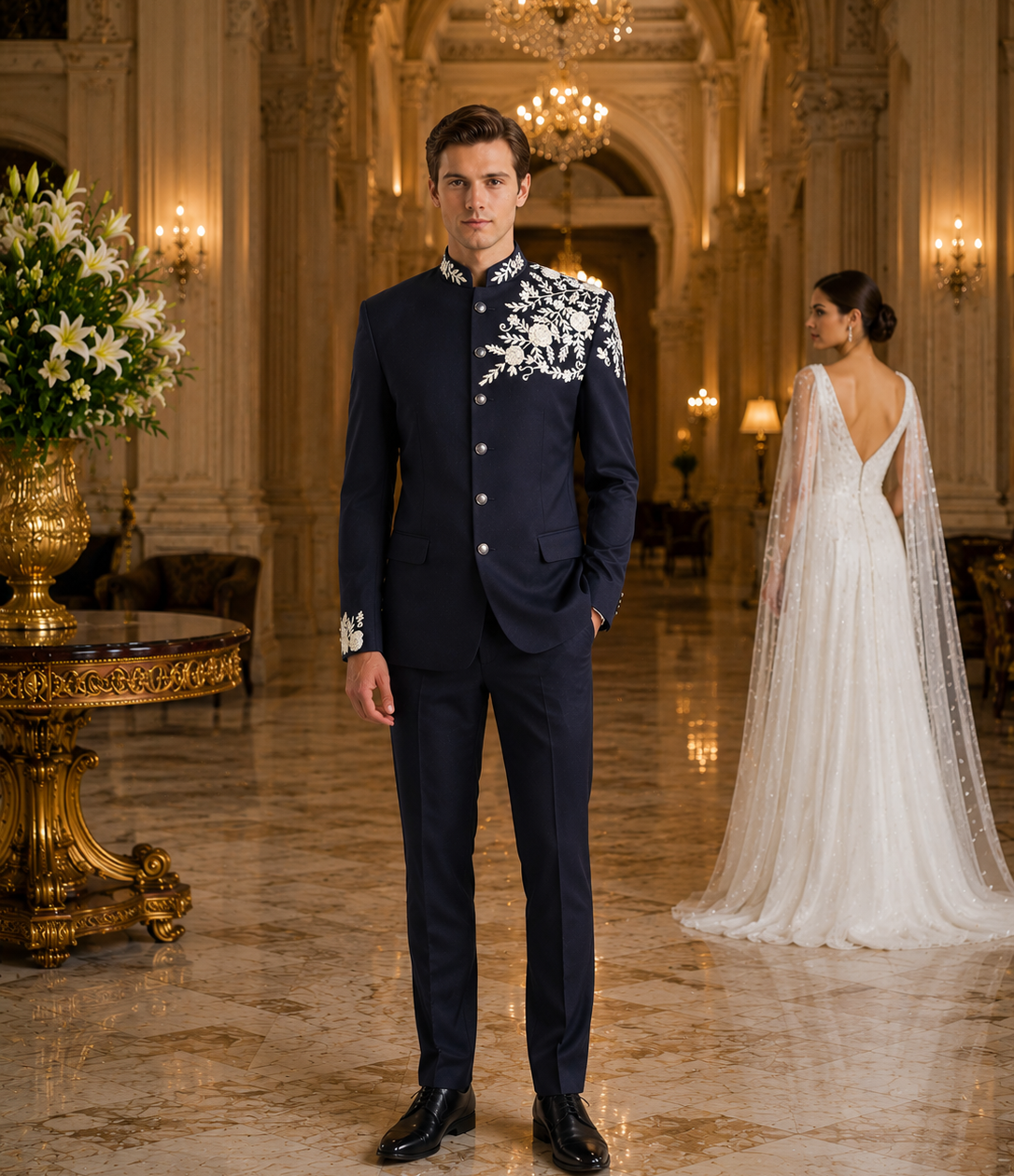 A man wearing a dark navy blue traditional formal jacket with white floral embroidery stands in a grand, ornate hall with a woman in a white wedding dress in the background