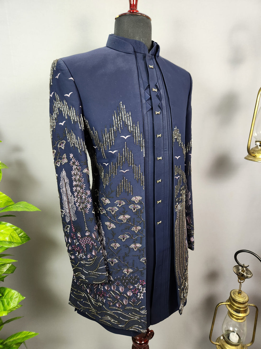Blue Indo-Western Sherwani for Men | Indian Groom Wedding Outfit