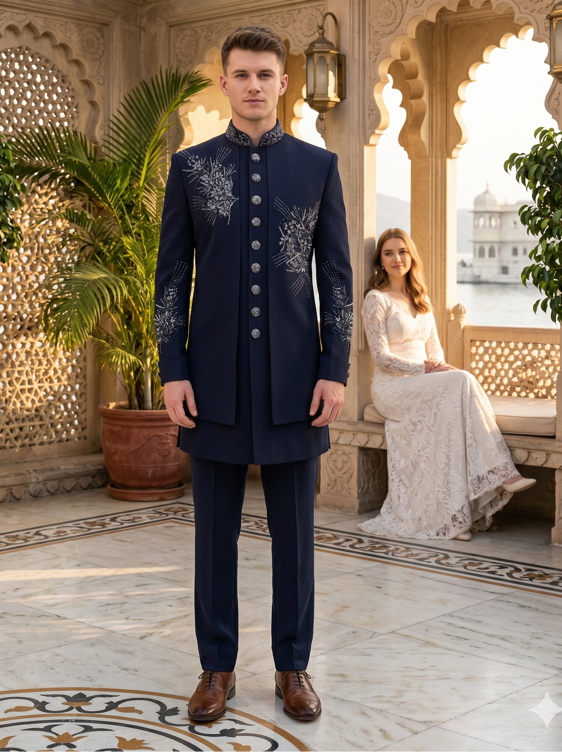 A man stands in a marble courtyard wearing a dark navy blue traditional embroidered sherwani jacket with matching trousers and brown dress shoes. A woman in a white lace dress sits in the background under an arched stone structure.