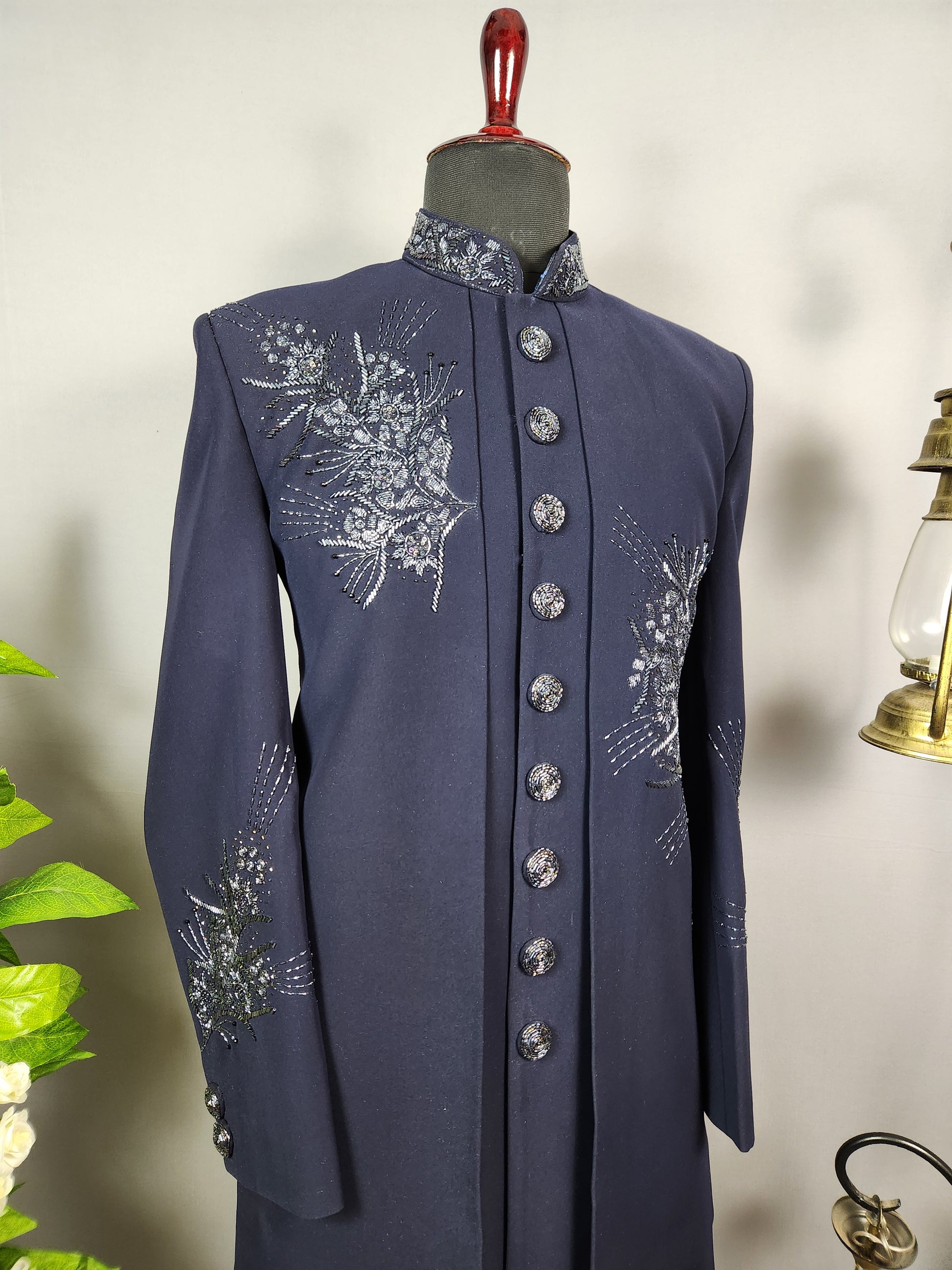 Blue Indo-Western Sherwani for Groom -  Indian Wedding Outfit for Men
