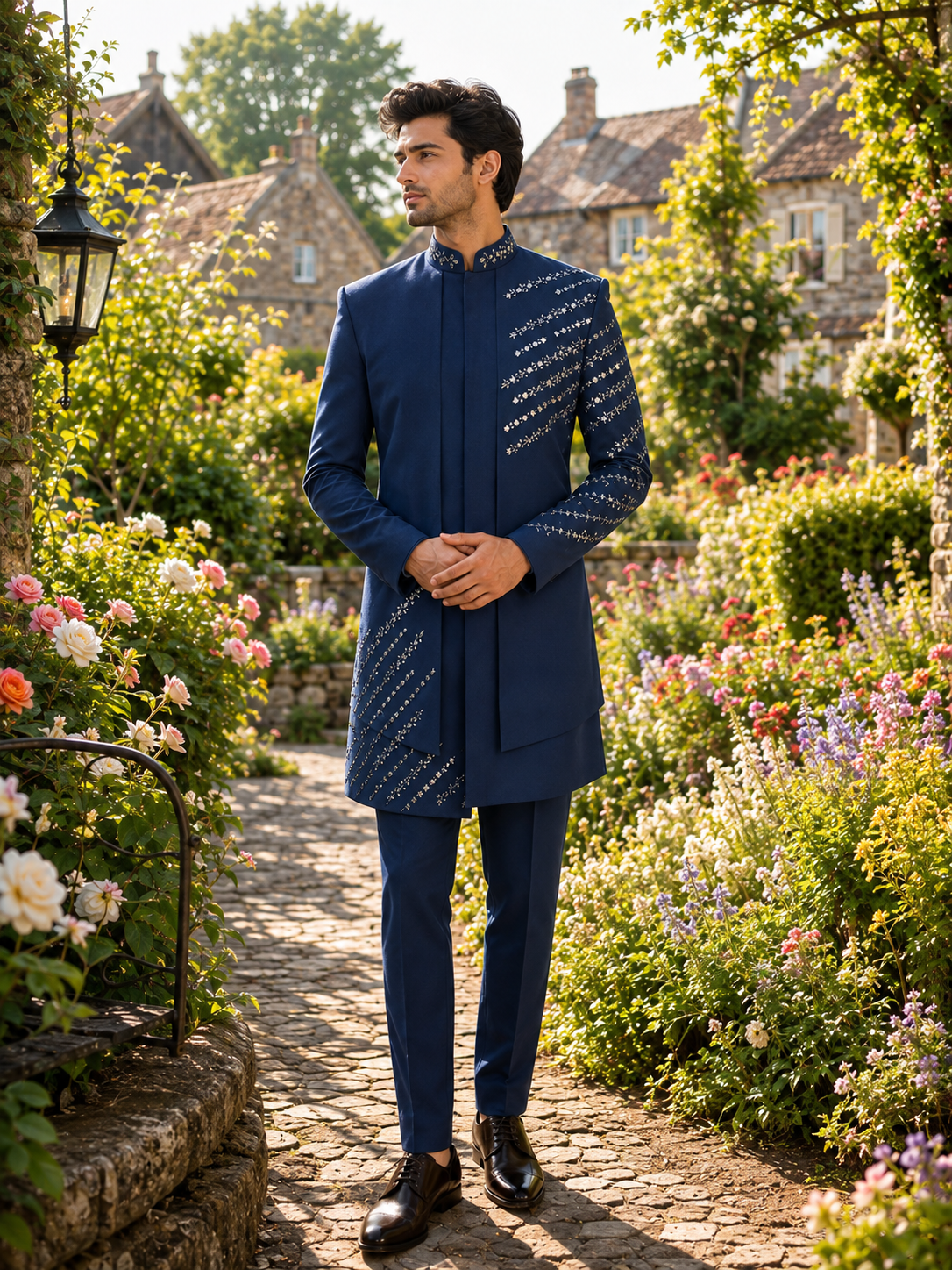 Blue Indo-Western Sherwani for Men | Indian Groom Wedding Outfit