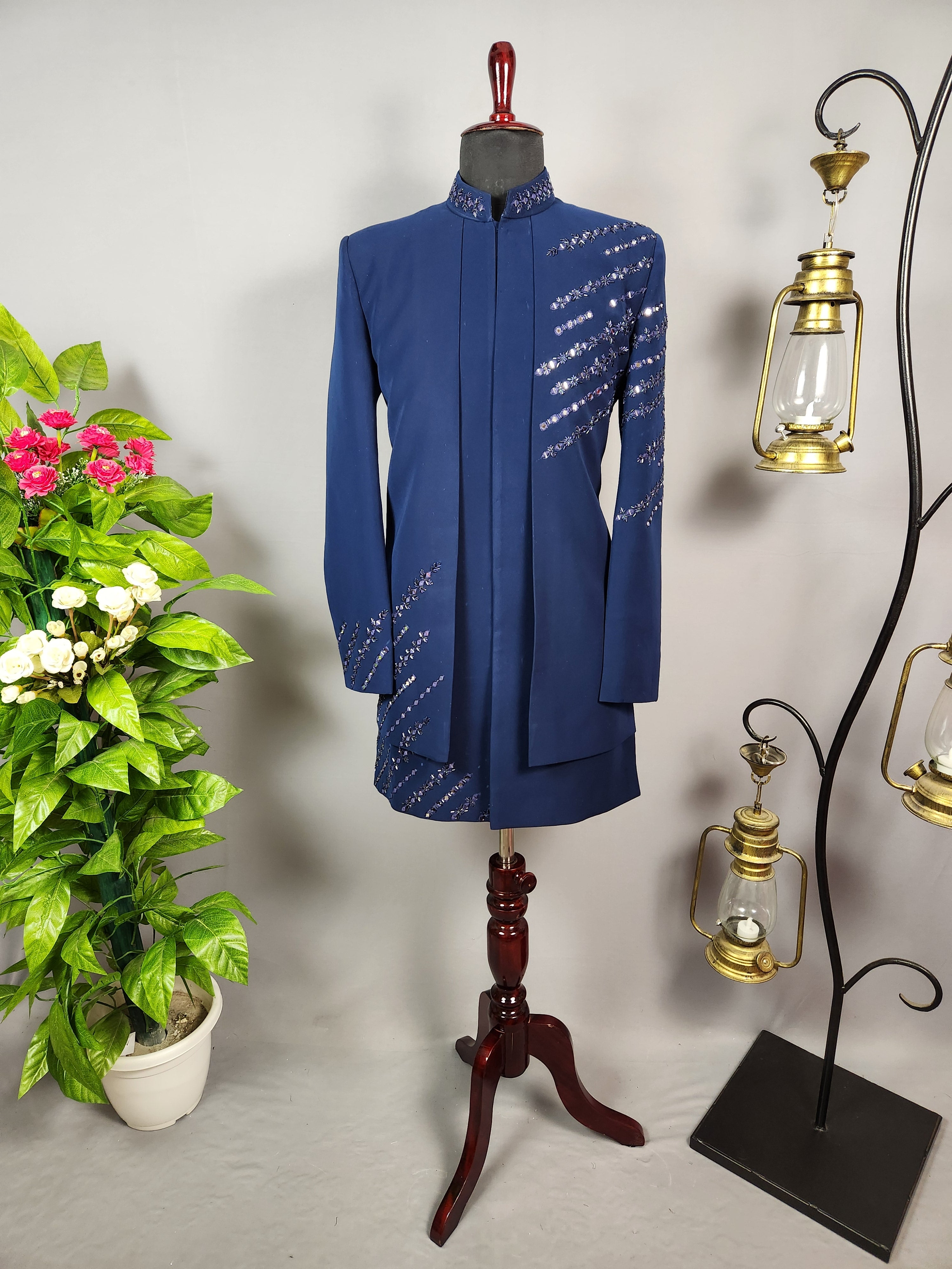 Blue Indo-Western Sherwani for Men | Indian Groom Wedding Outfit