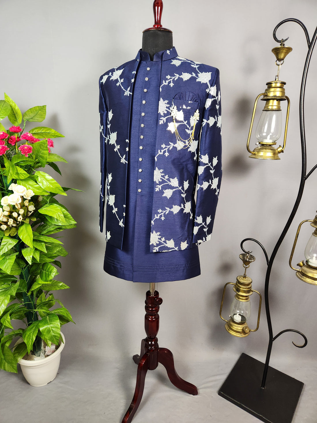 Blue Indo-Western Sherwani for Men | Indian Groom Wedding Outfit