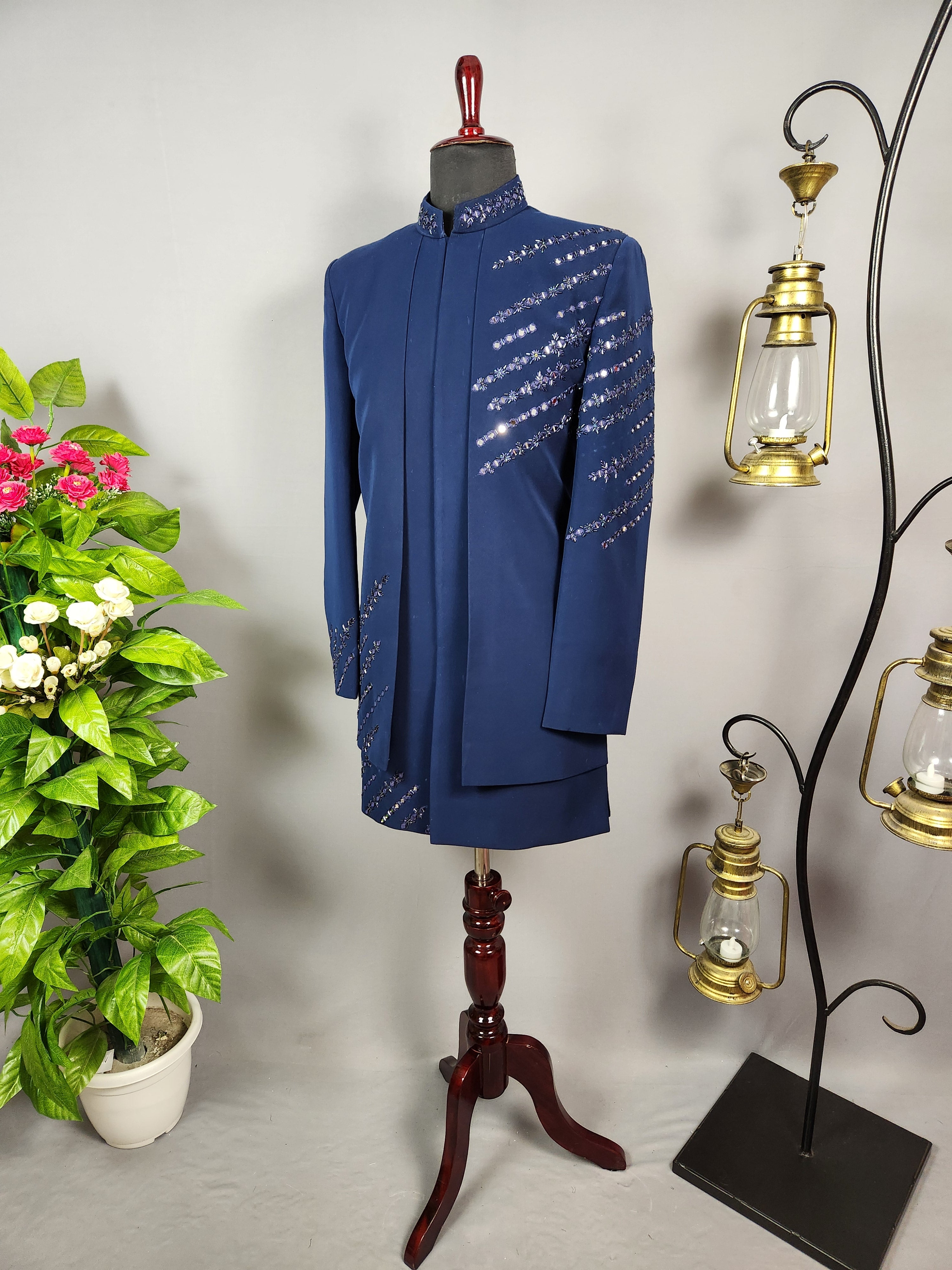 Blue Indo-Western Sherwani for Men | Indian Groom Wedding Outfit