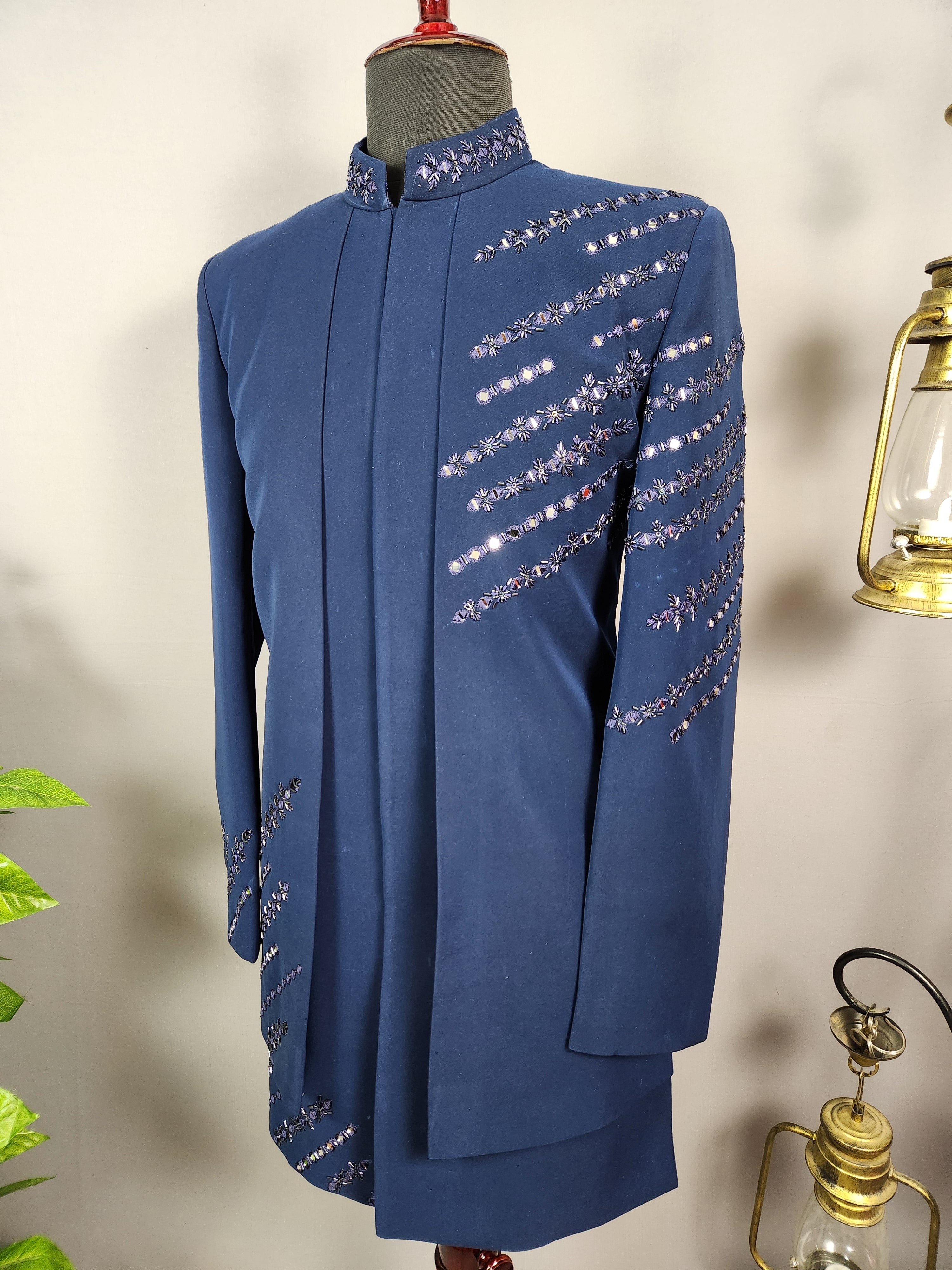 Blue Indo-Western Sherwani for Men | Indian Groom Wedding Outfit