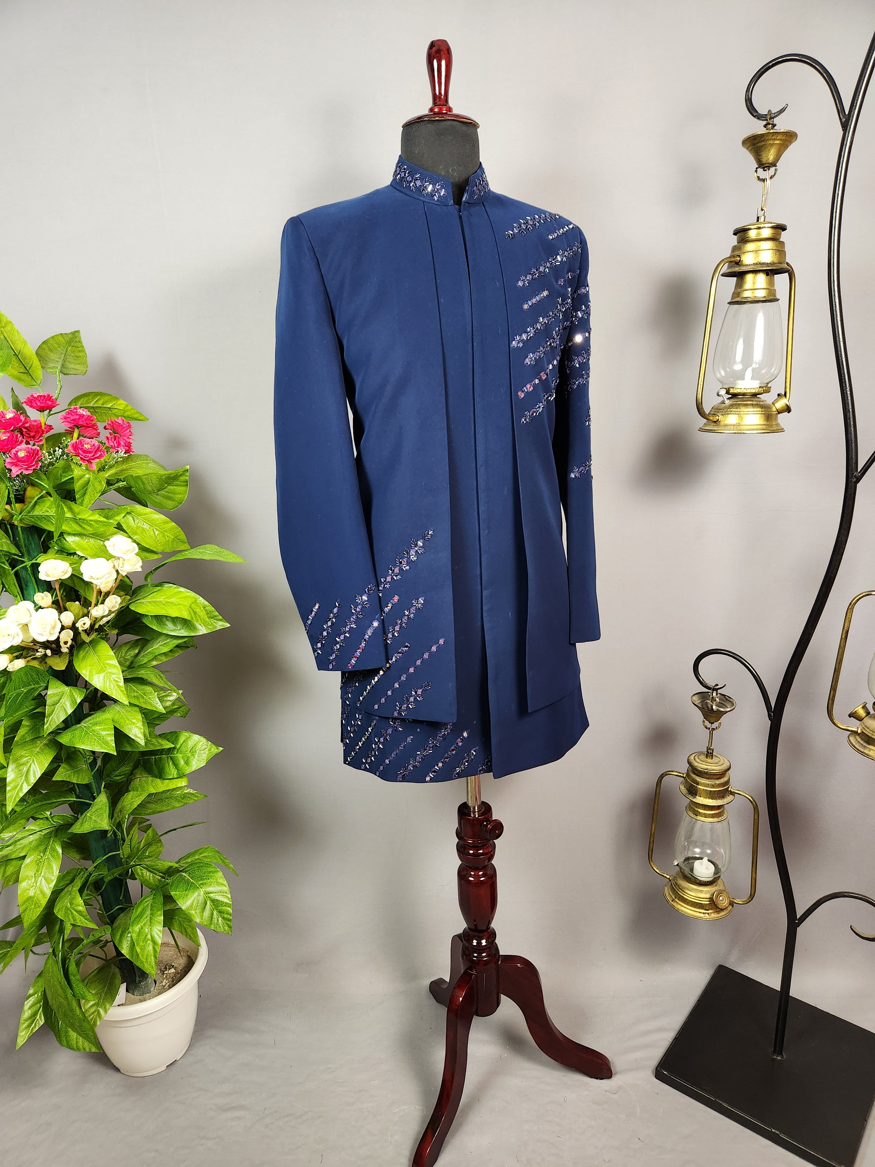 Blue Indo-Western Sherwani for Men | Indian Groom Wedding Outfit