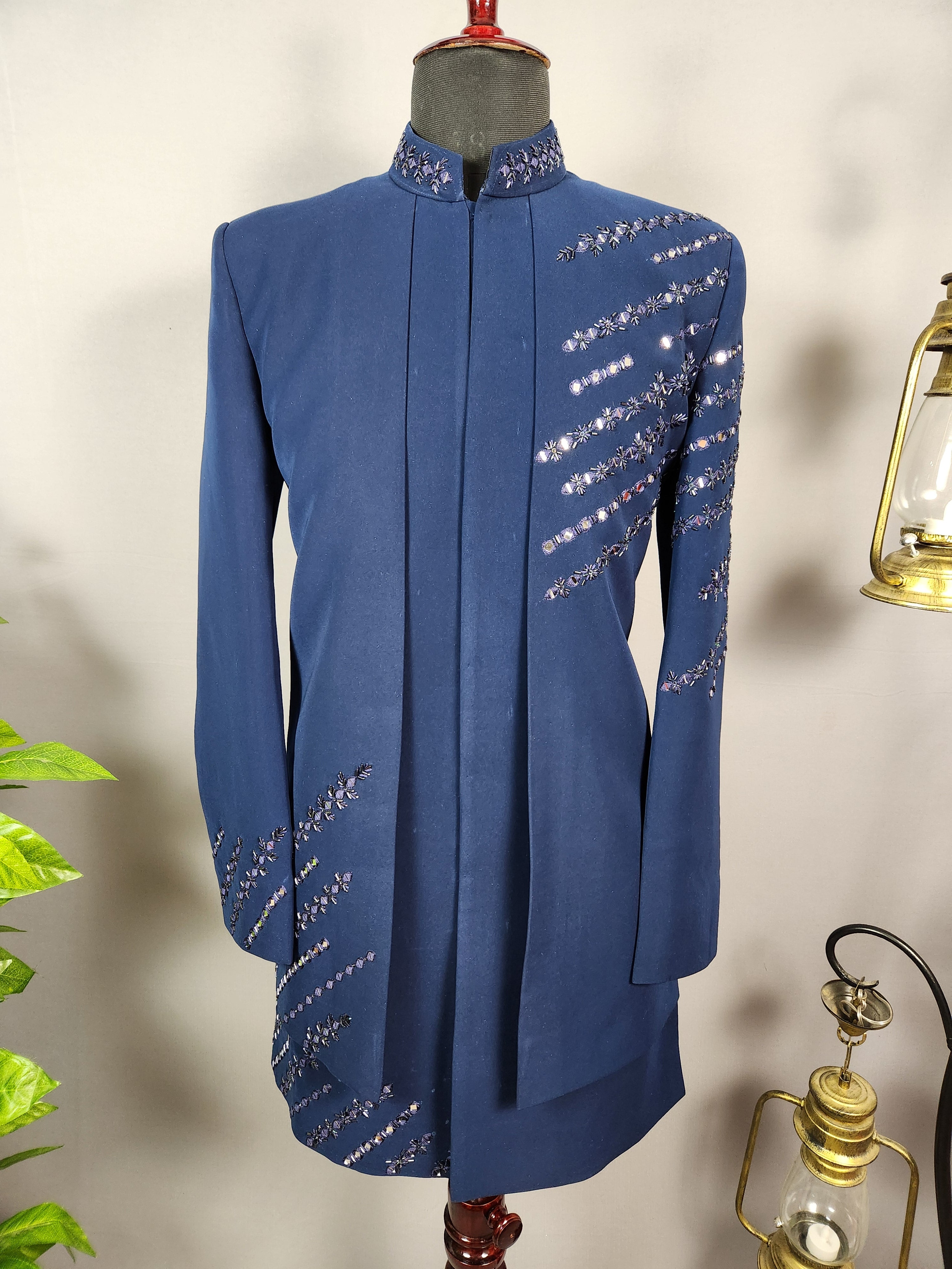 Blue Indo-Western Sherwani for Men | Indian Groom Wedding Outfit