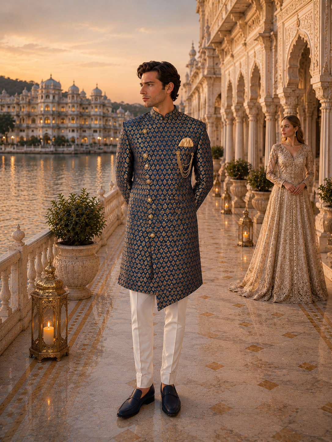 Blue Indo-Western Sherwani for Men | Indian Groom Wedding Outfit