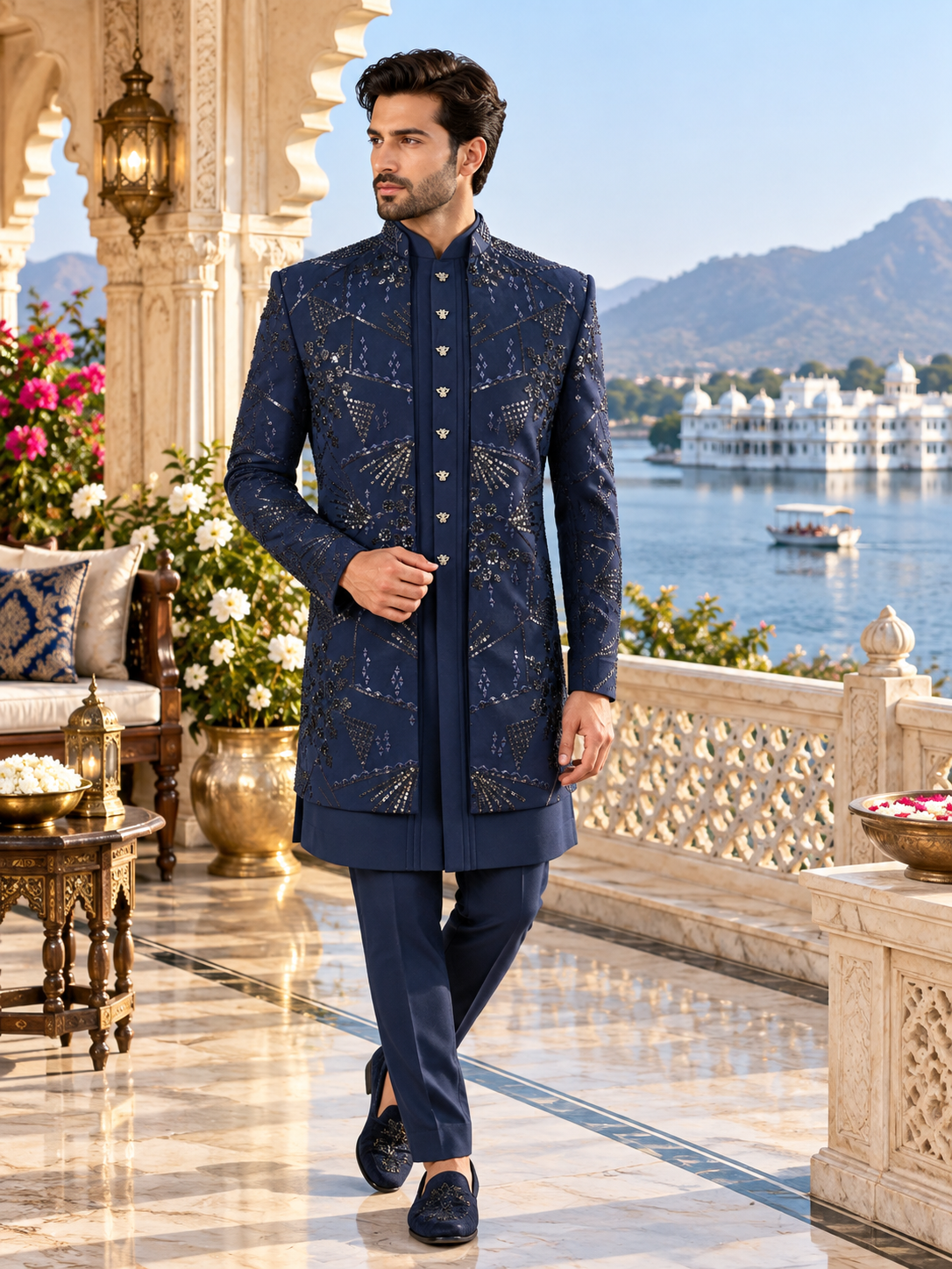 Blue Indo-Western Sherwani for Men | Indian Groom Wedding Outfit