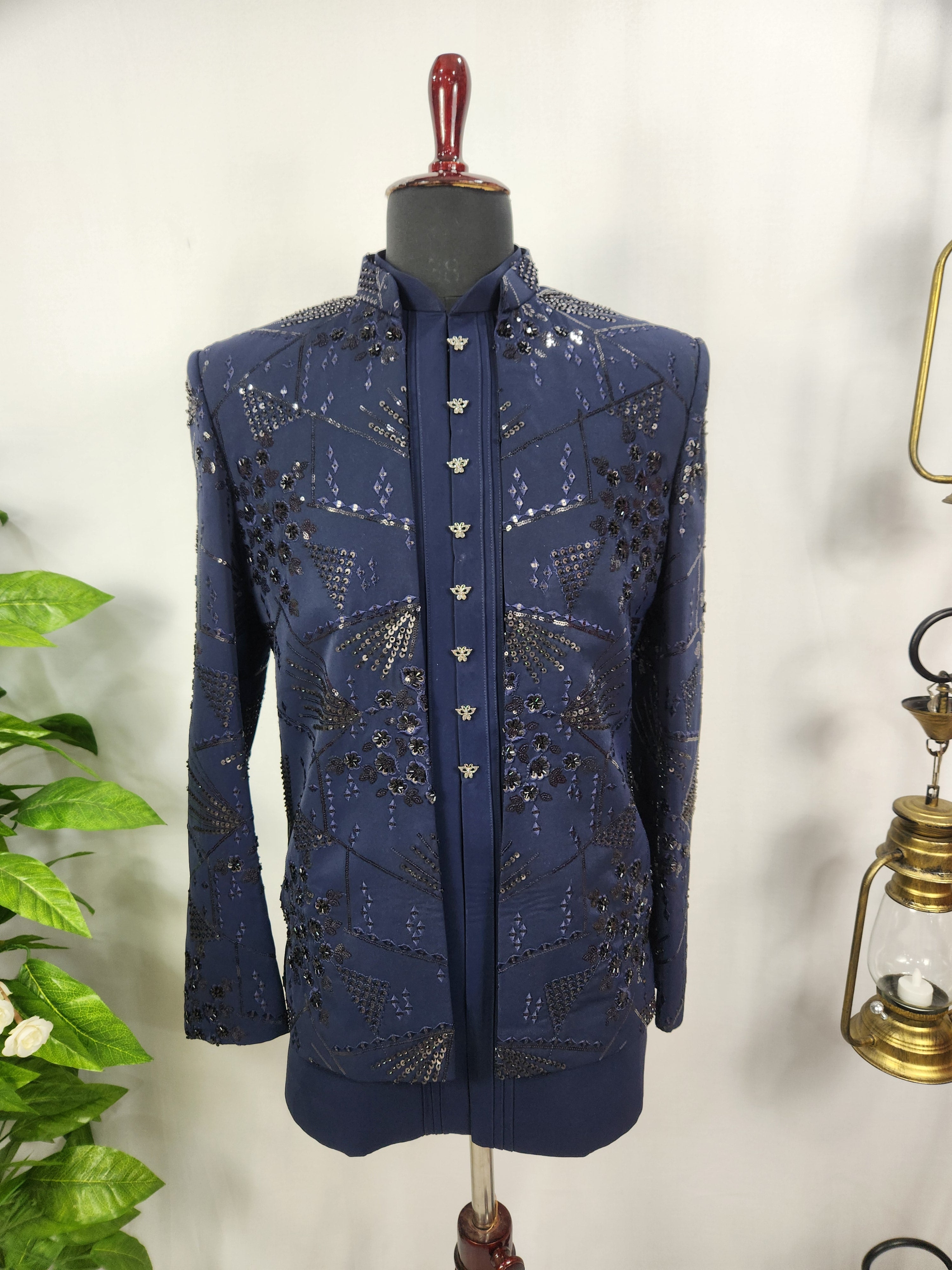 Blue Indo-Western Sherwani for Men | Indian Groom Wedding Outfit