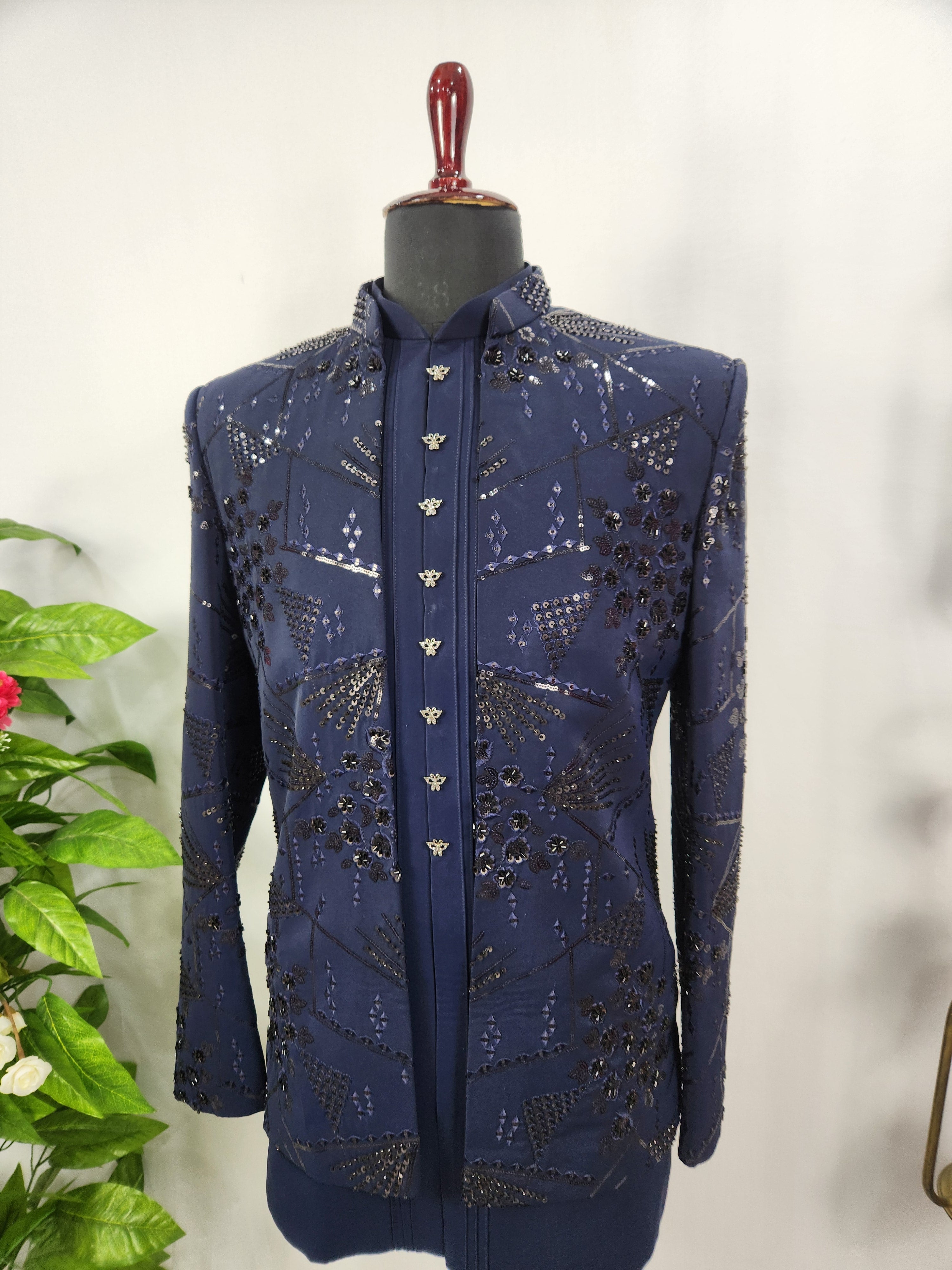 Blue Indo-Western Sherwani for Men | Indian Groom Wedding Outfit