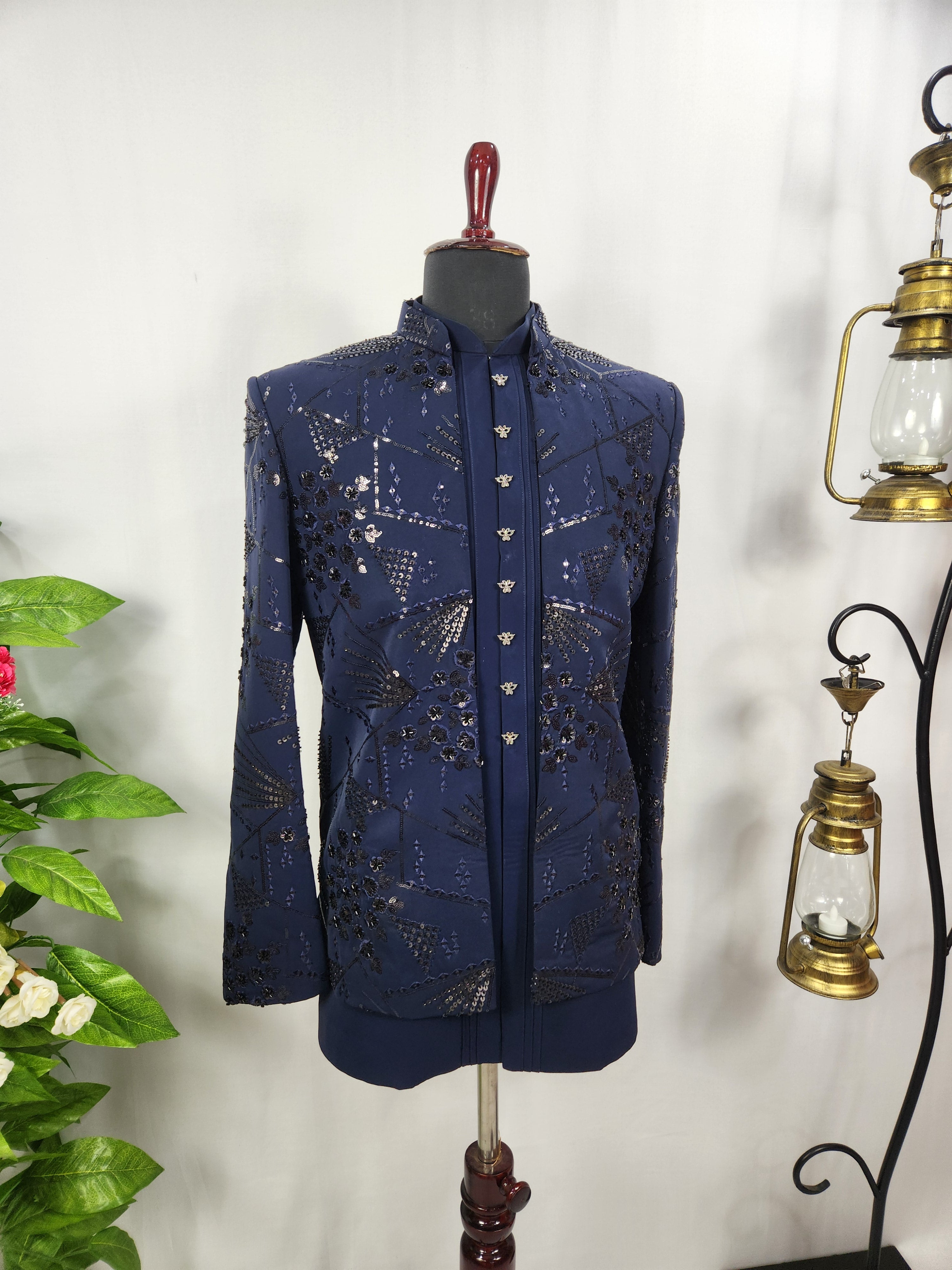Blue Indo-Western Sherwani for Men | Indian Groom Wedding Outfit
