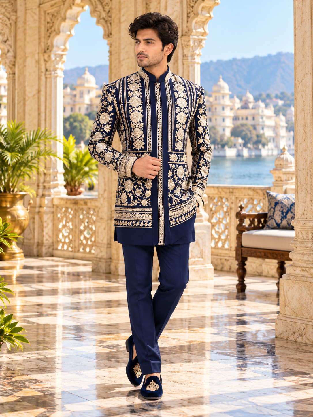 Blue Jodhpuri Suit With Shawl for Wedding – Zardozi Work | Indian Groom Outfit
