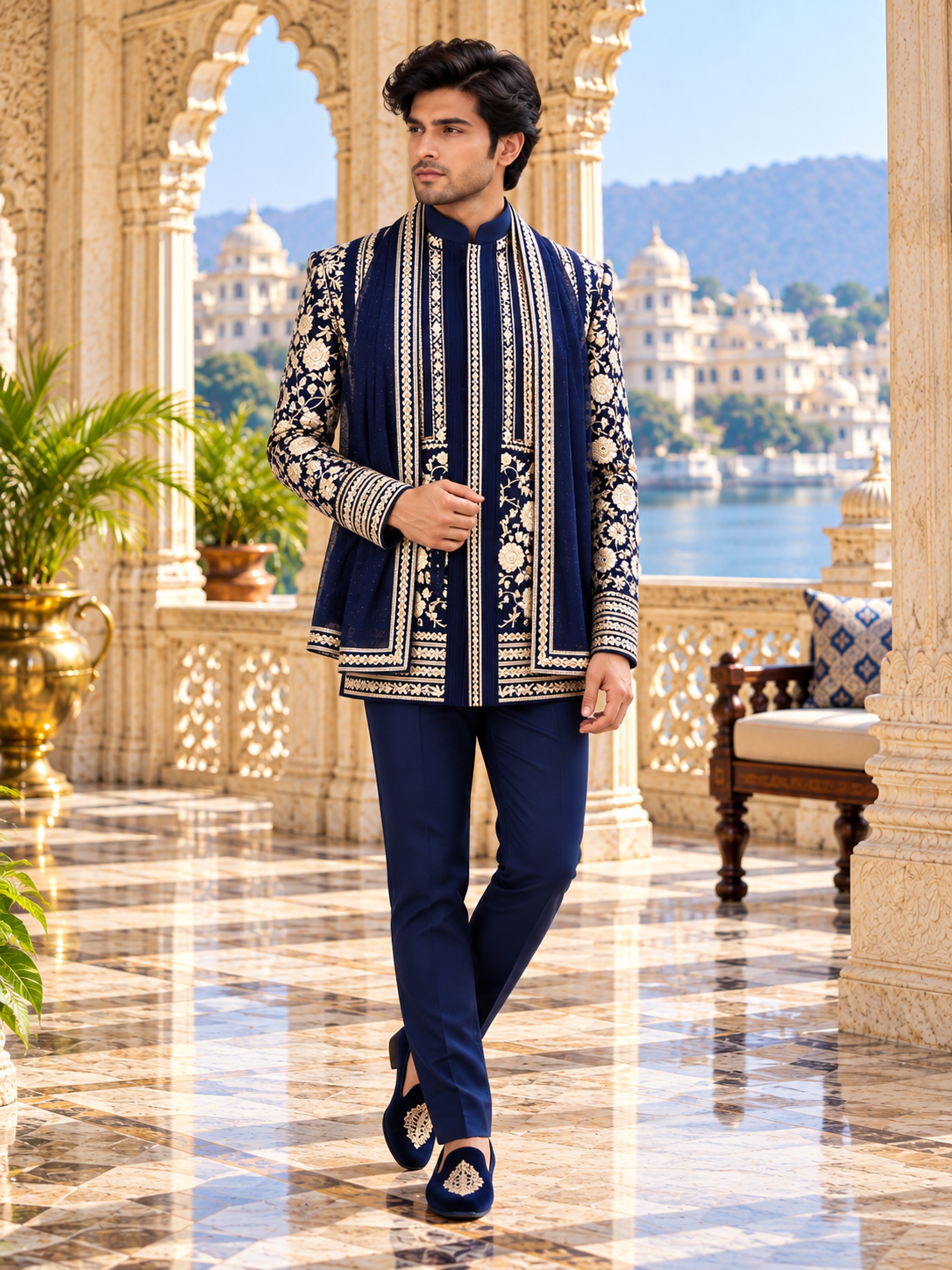 Blue Jodhpuri Suit With Shawl for Wedding – Zardozi Work | Indian Groom Outfit