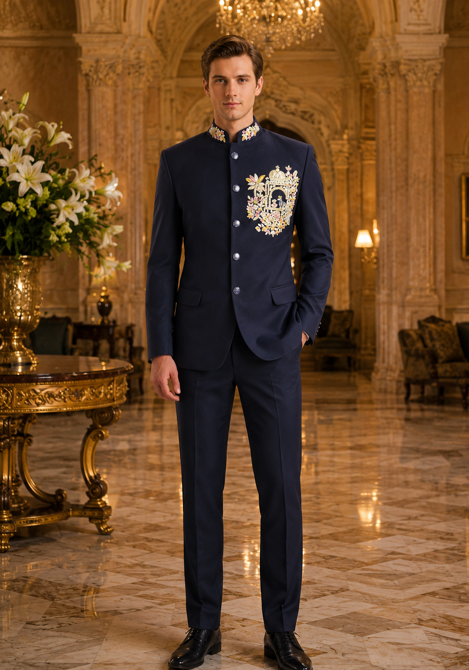 A man wearing a dark navy blue formal suit with ornate gold embroidery on the chest and collar stands in a grand, luxurious hotel lobby with marble floors and chandeliers