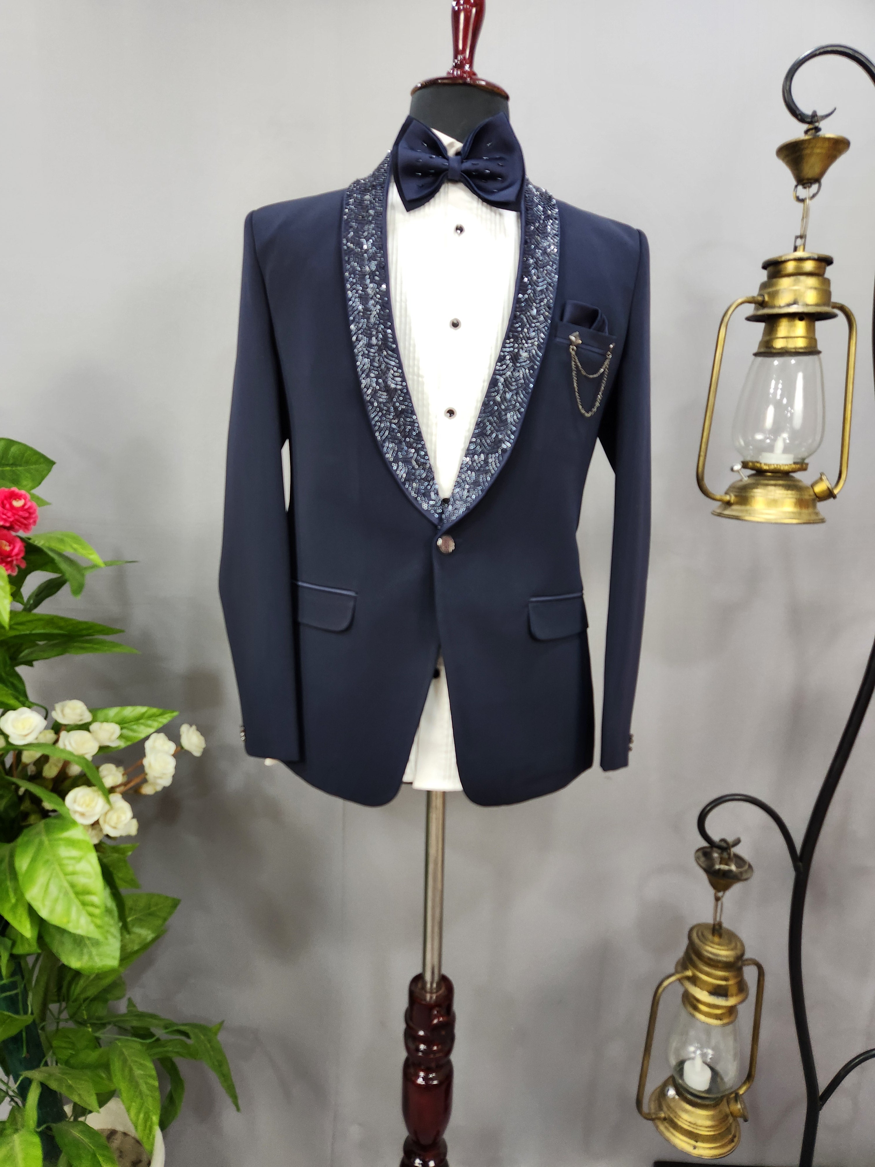 Luxurious Blue Men's Tuxedo Suit for Wedding | Indian Groom Reception Outfit