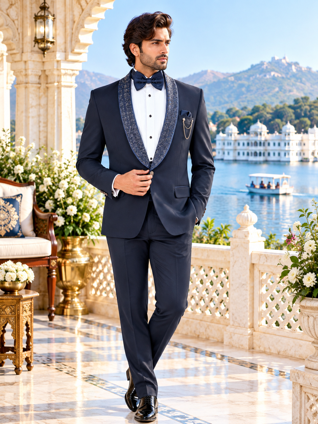 Luxurious Blue Men's Tuxedo Suit for Wedding | Indian Groom Reception Outfit