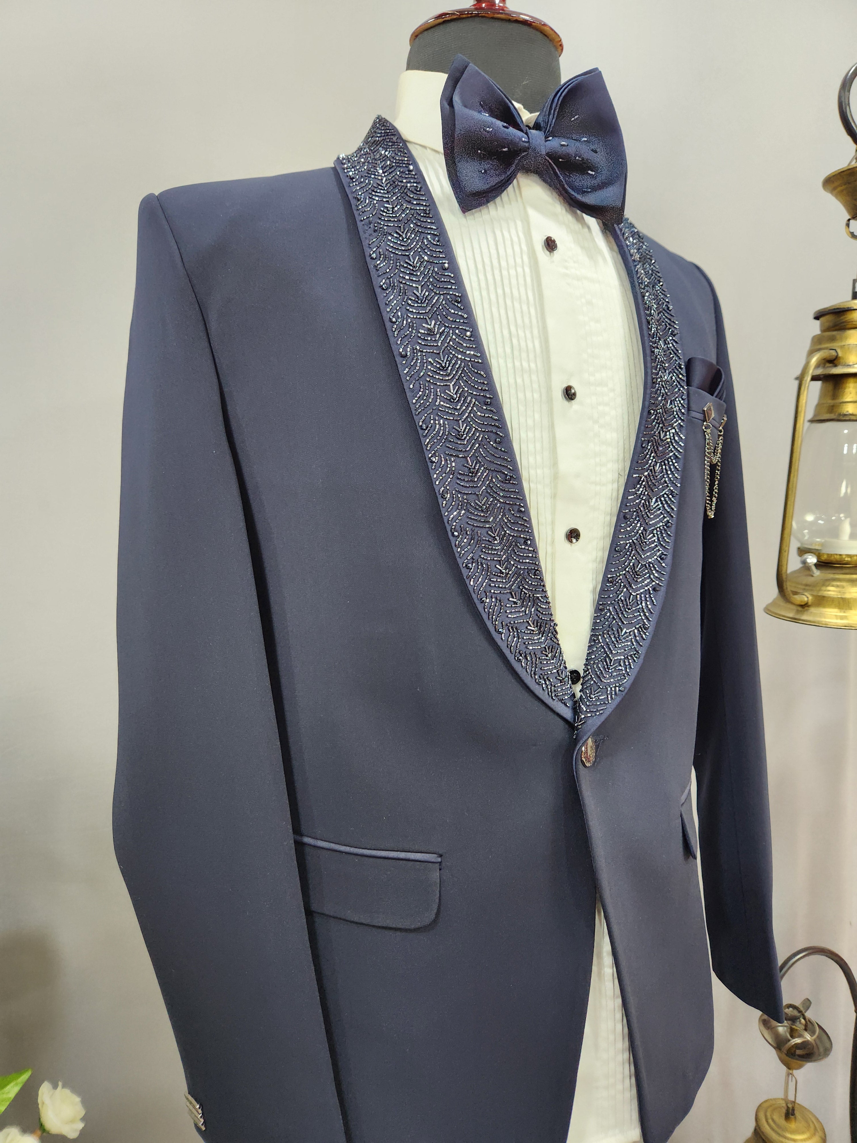 Luxurious Blue Men's Tuxedo Suit for Wedding | Indian Groom Reception Outfit