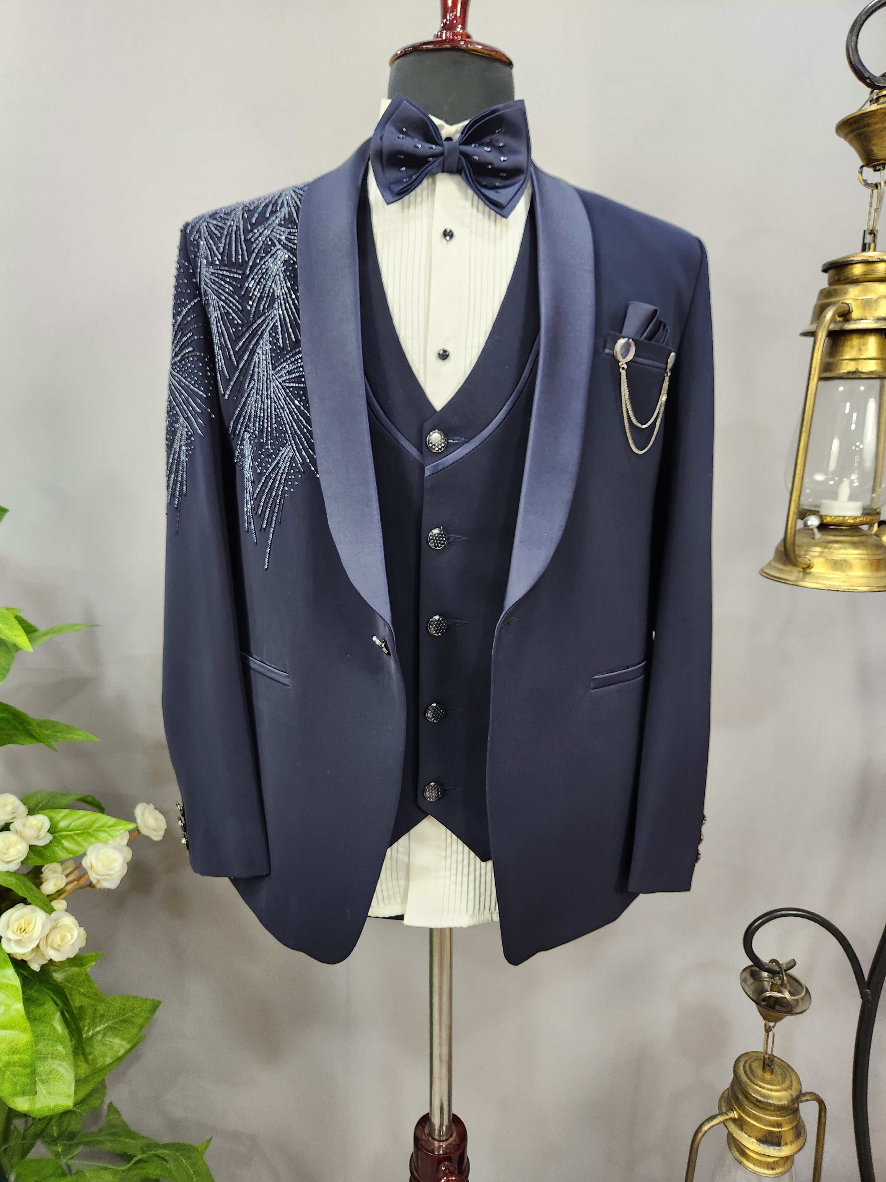 Luxurious Blue Men's Tuxedo Suit for Wedding | Indian Groom Reception Outfit