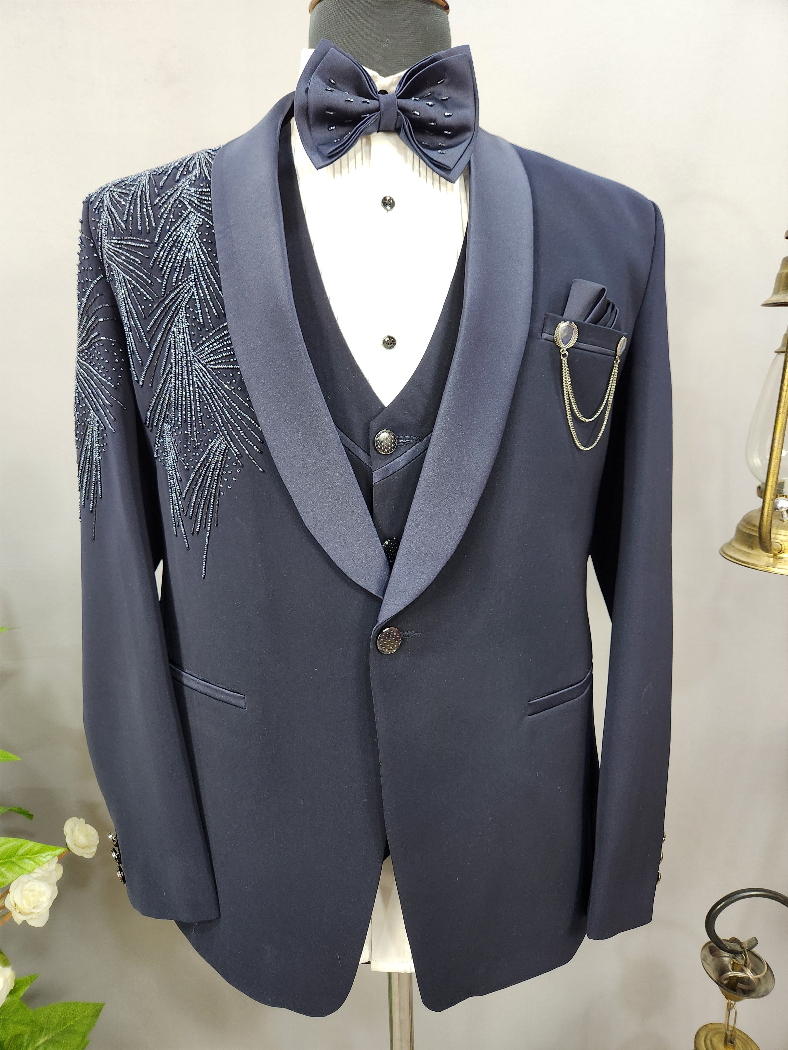 Luxurious Blue Men's Tuxedo Suit for Wedding | Indian Groom Reception Outfit