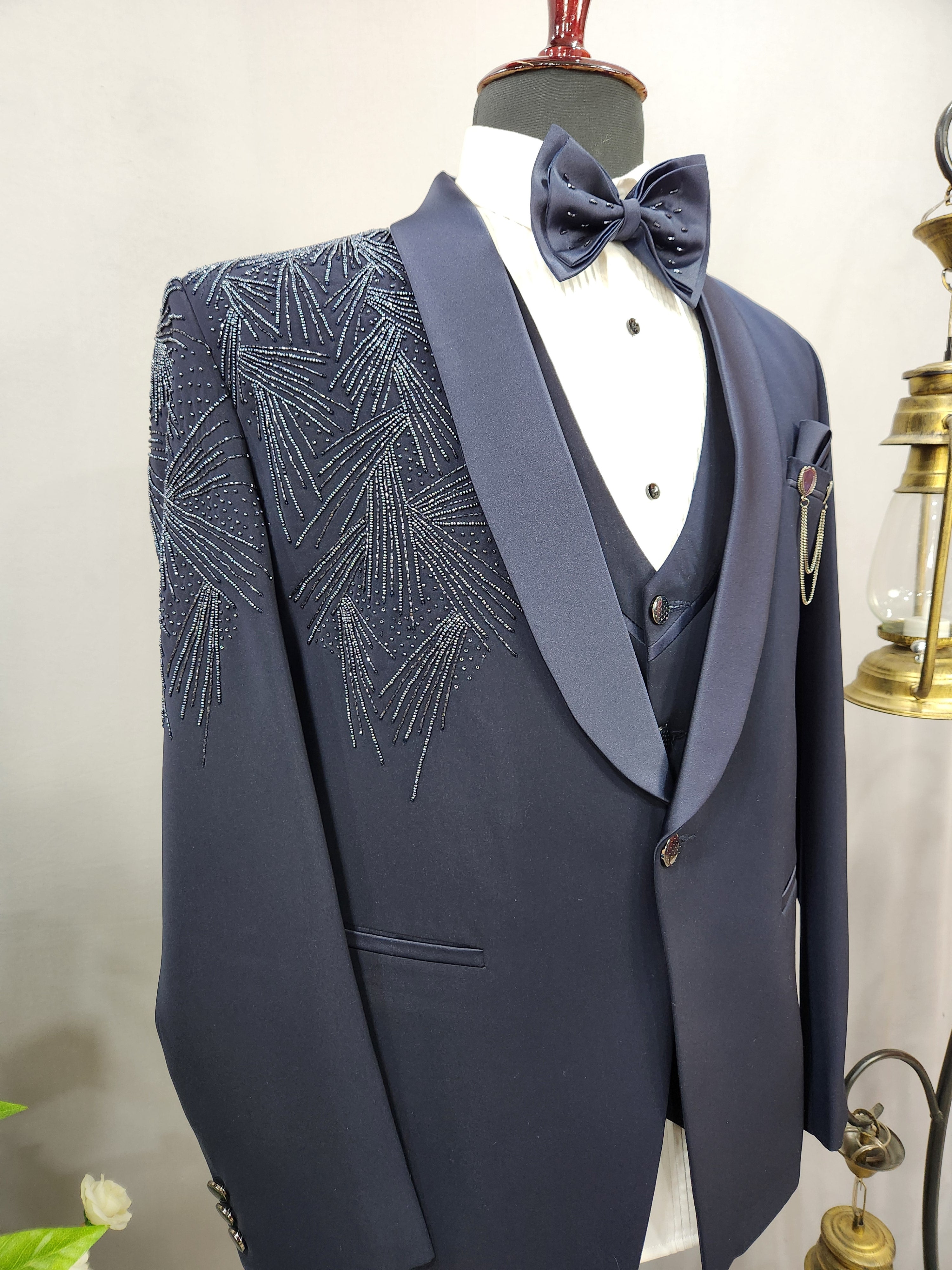 Luxurious Blue Men's Tuxedo Suit for Wedding | Indian Groom Reception Outfit