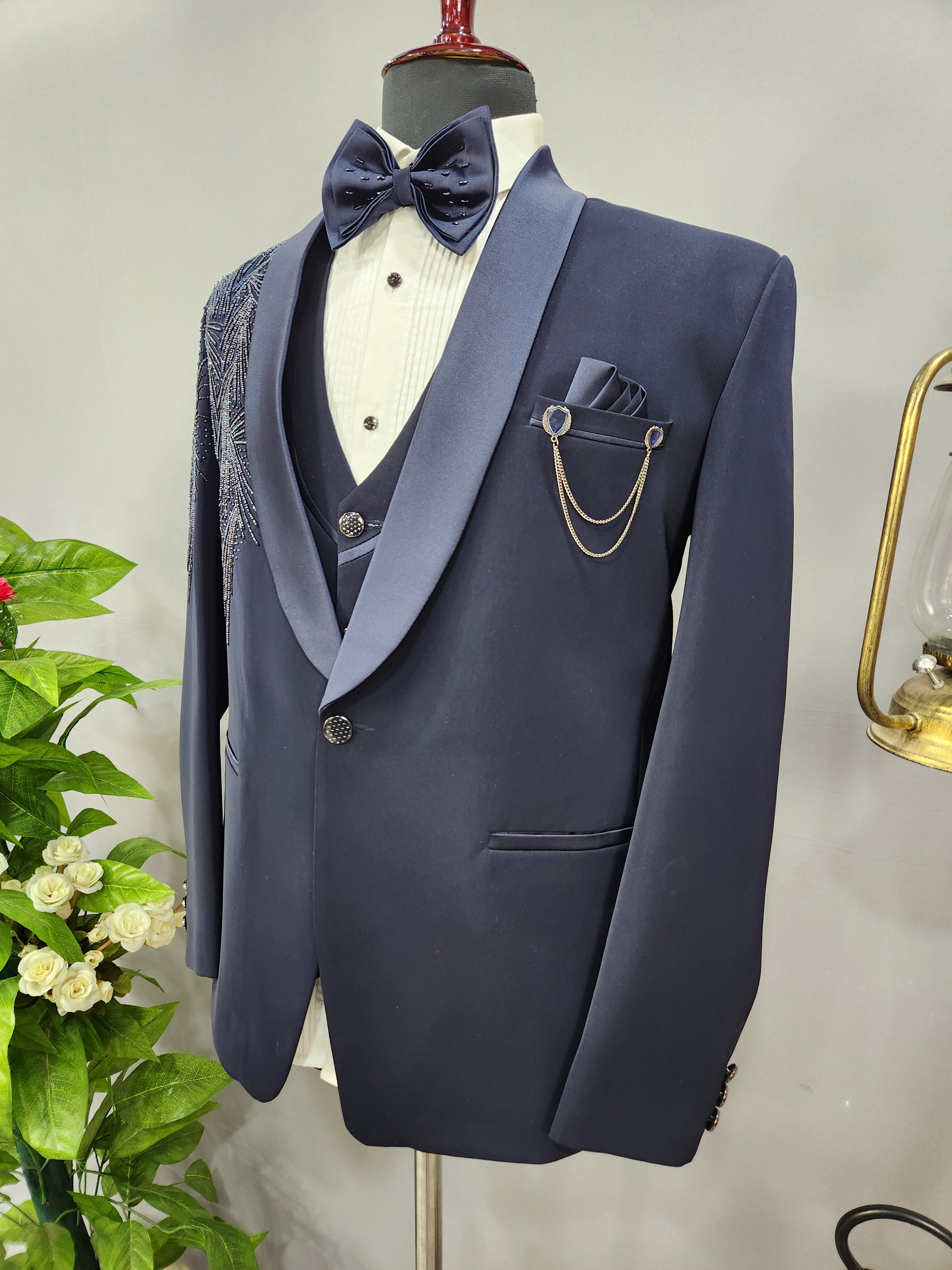 Luxurious Blue Men's Tuxedo Suit for Wedding | Indian Groom Reception Outfit