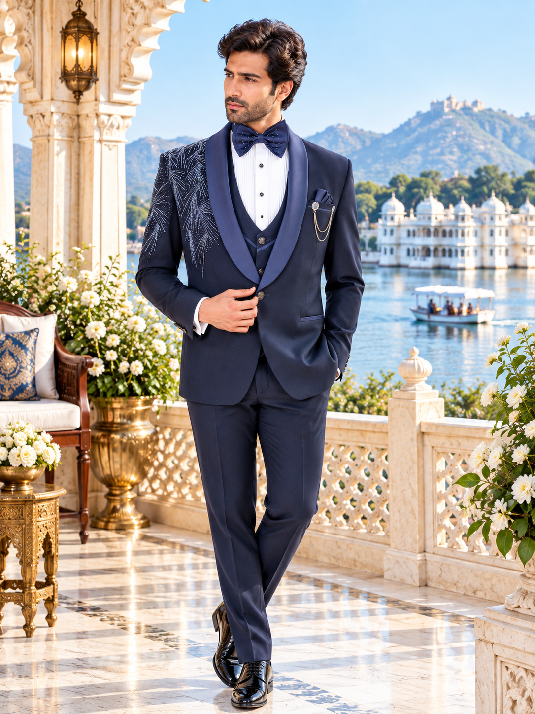 Luxurious Blue Men's Tuxedo Suit for Wedding | Indian Groom Reception Outfit