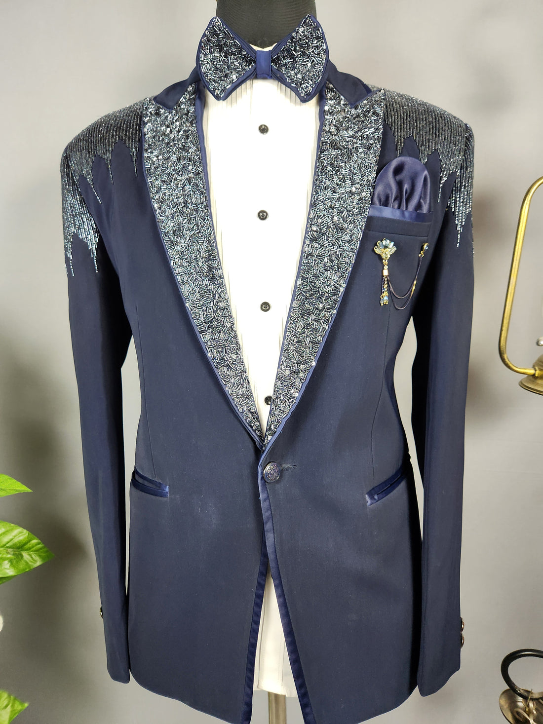 Men's blue tuxedo suit for Indian groom, perfect for wedding and reception wear
