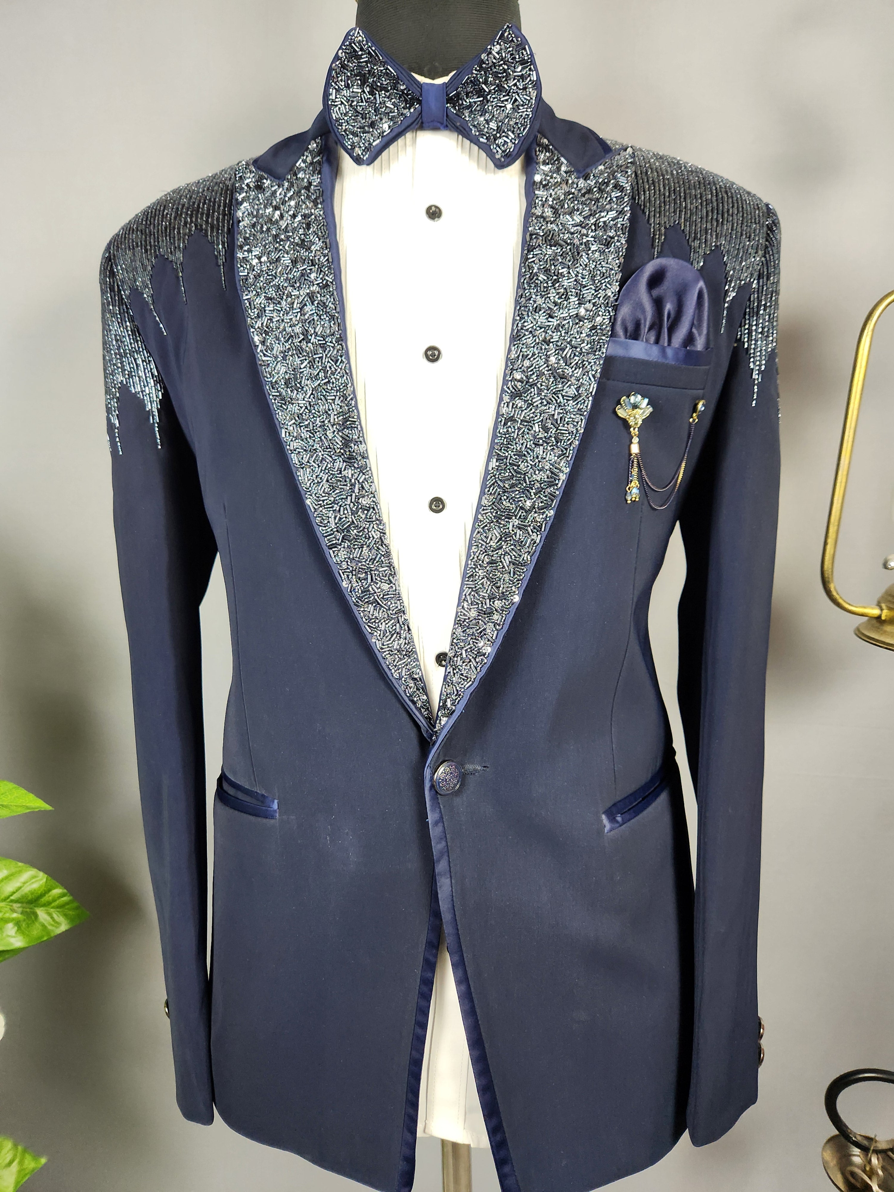 Men's blue tuxedo suit for Indian groom, perfect for wedding and reception wear

