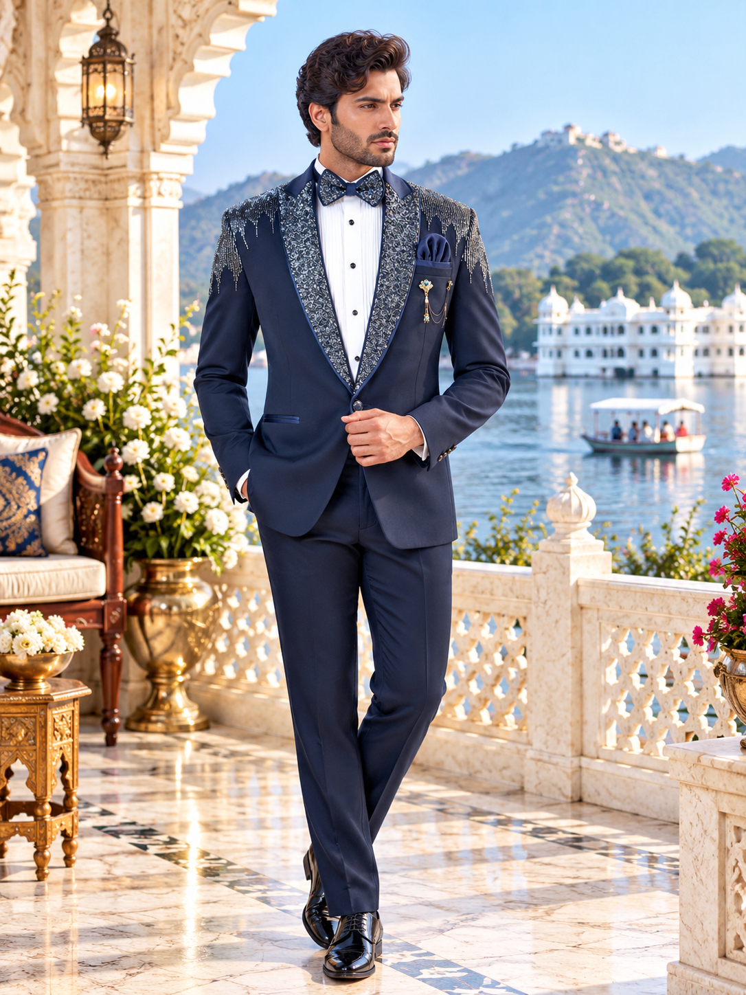 Luxurious Blue Men's Tuxedo Suit for Wedding | Indian Groom Reception Outfit