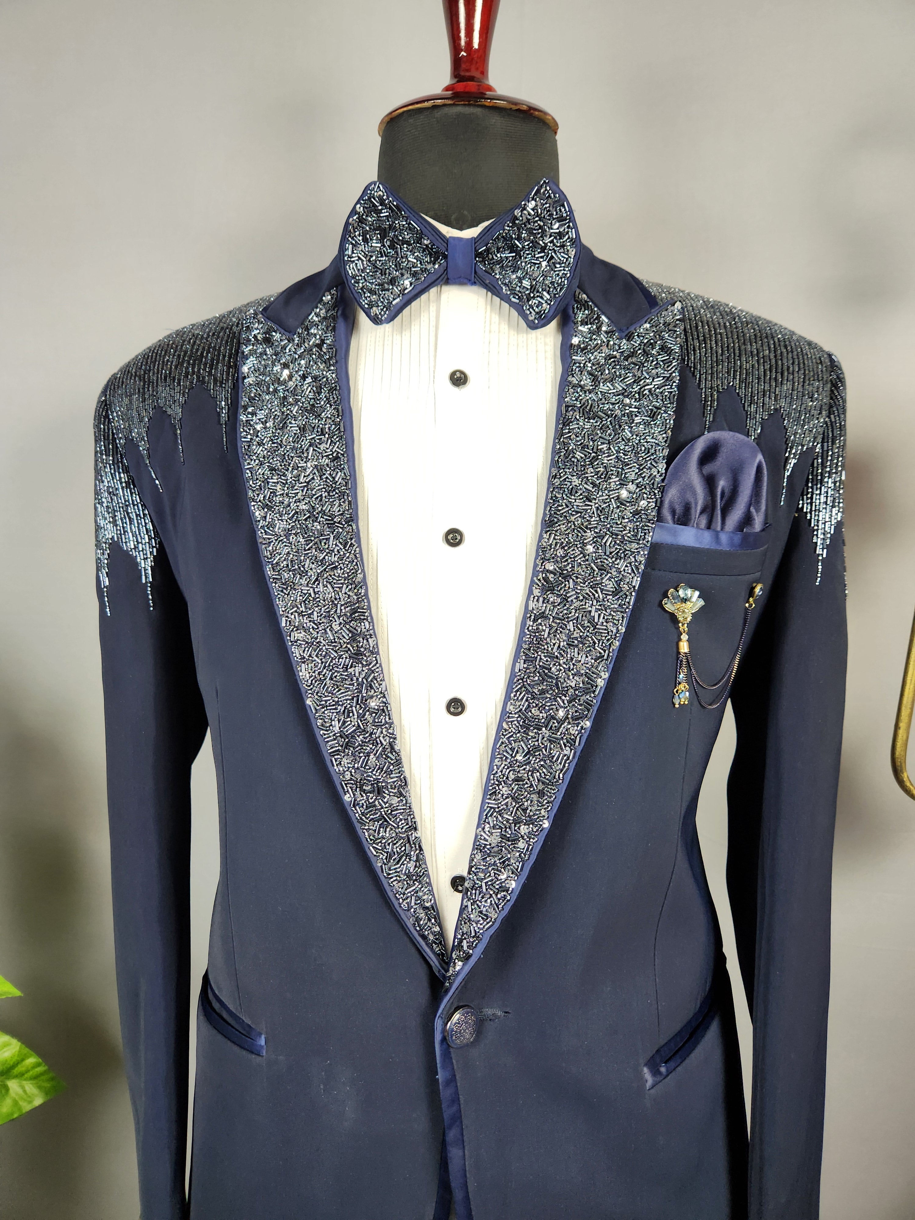 Men's blue tuxedo suit for Indian groom, perfect for wedding and reception wear
