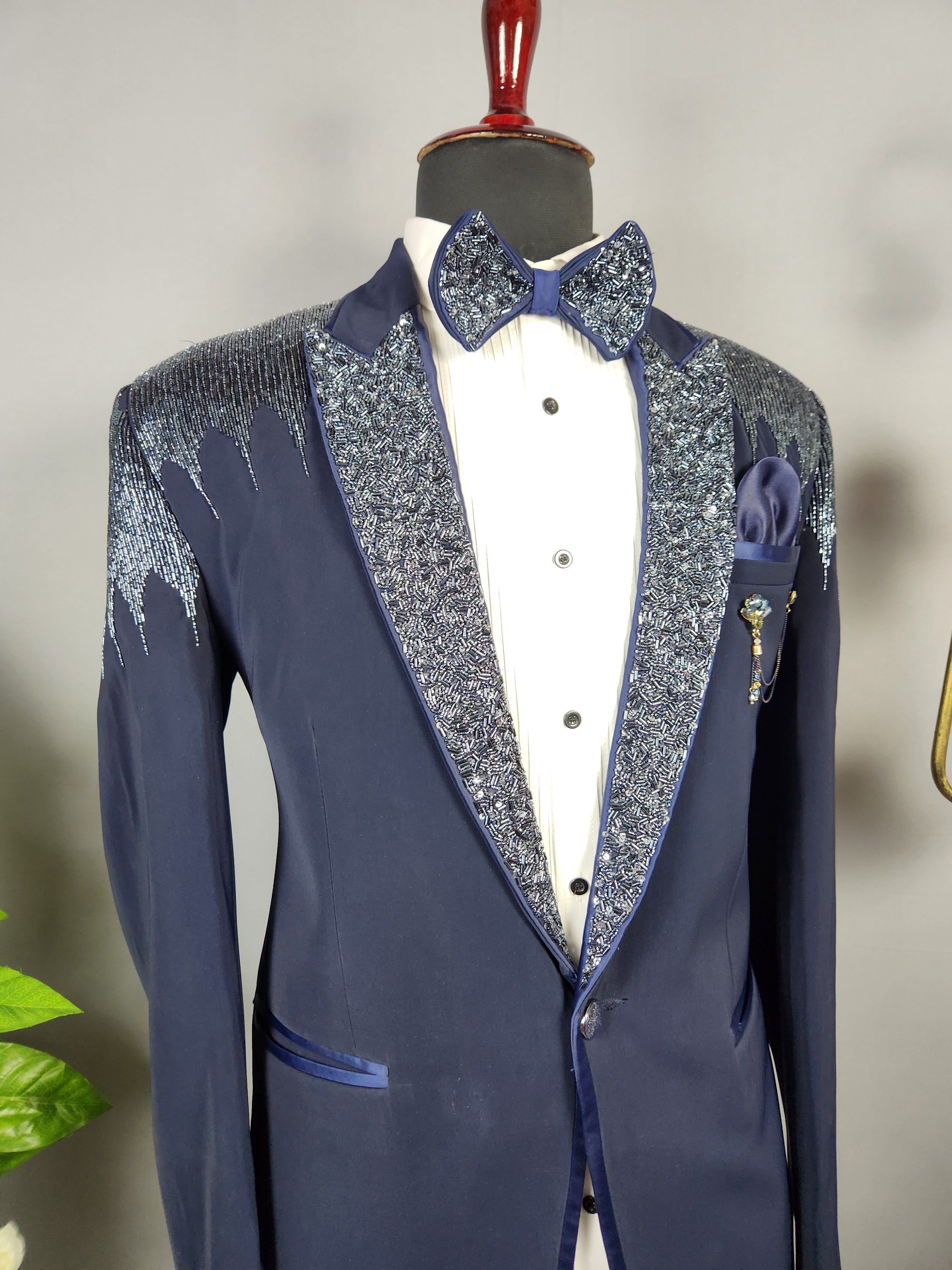 Men's blue tuxedo suit for Indian groom, perfect for wedding and reception wear
