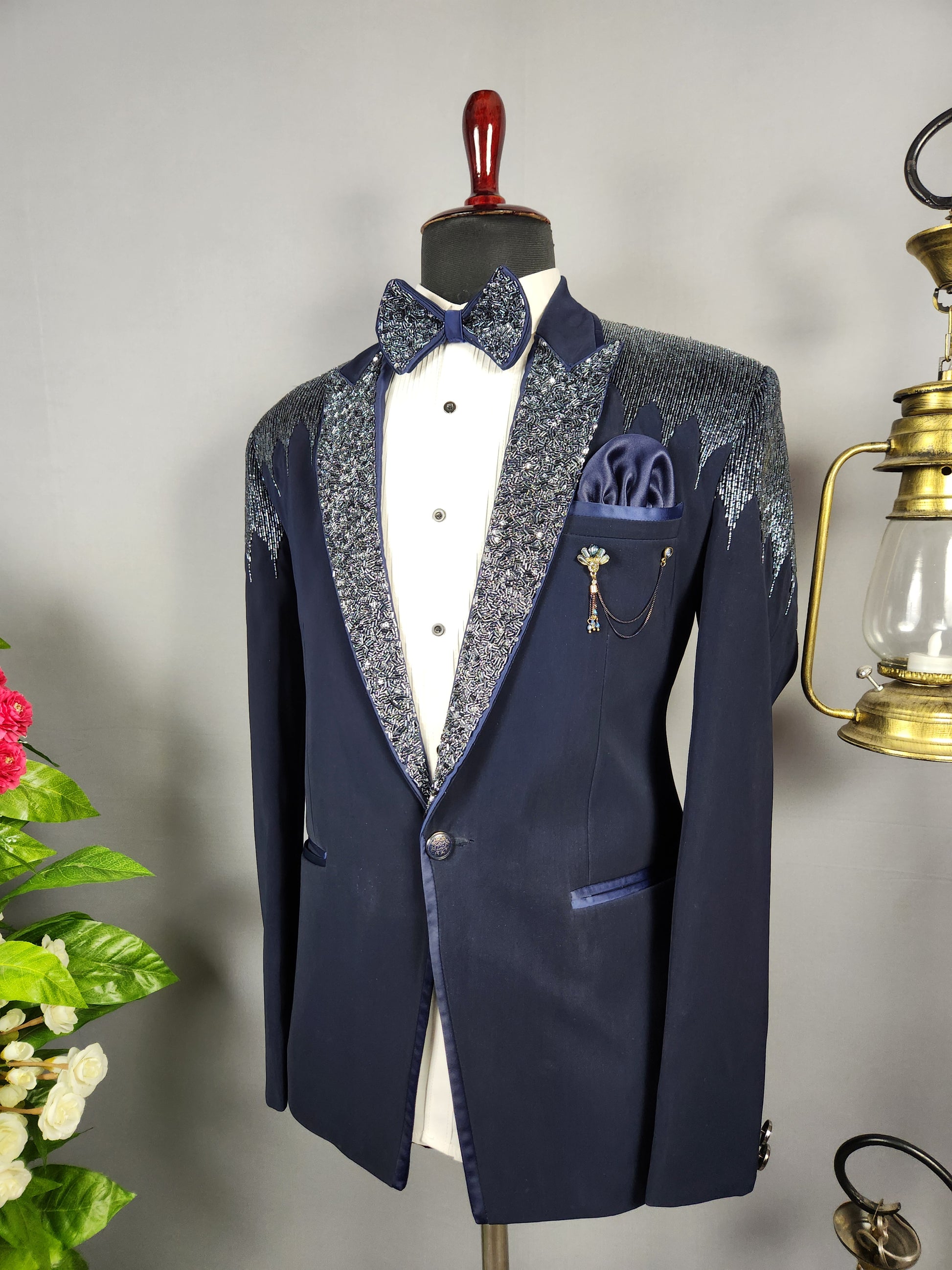 Men's blue tuxedo suit for Indian groom, perfect for wedding and reception wear
