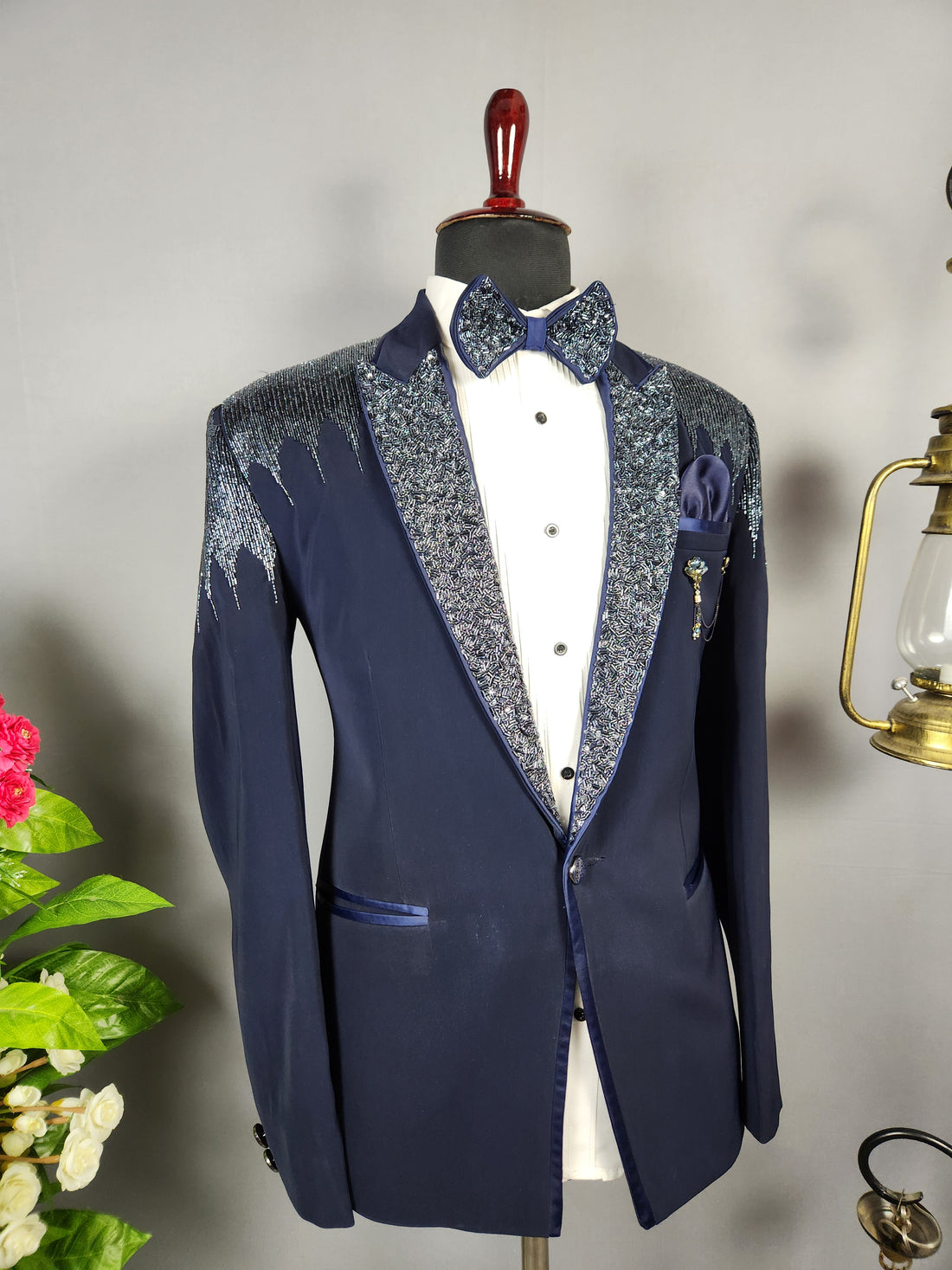 Men's blue tuxedo suit for Indian groom, perfect for wedding and reception wear
