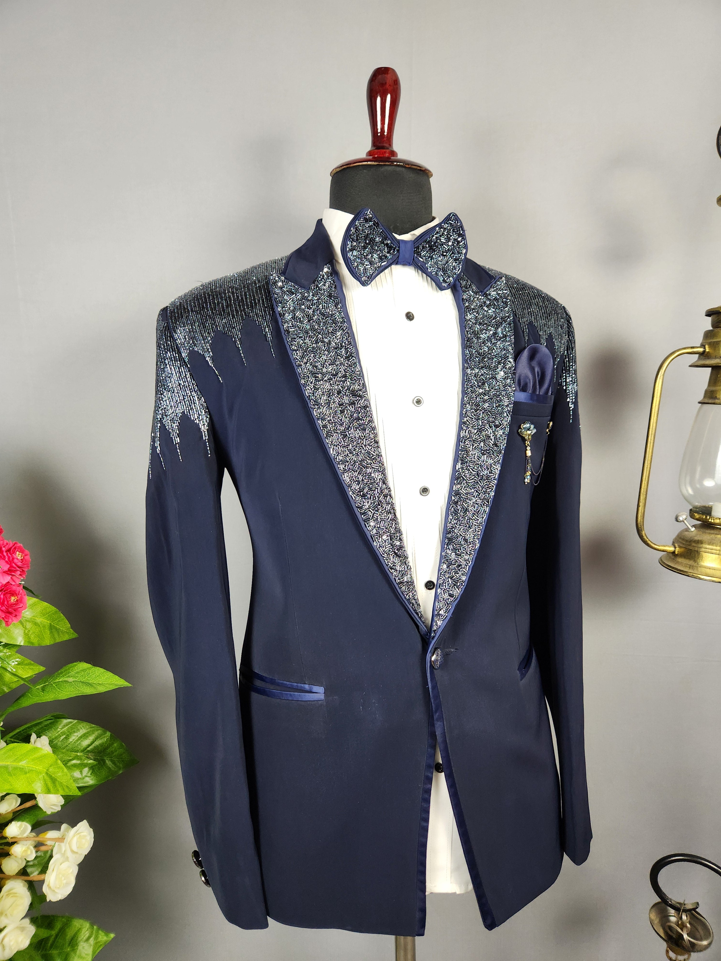 Men's blue tuxedo suit for Indian groom, perfect for wedding and reception wear
