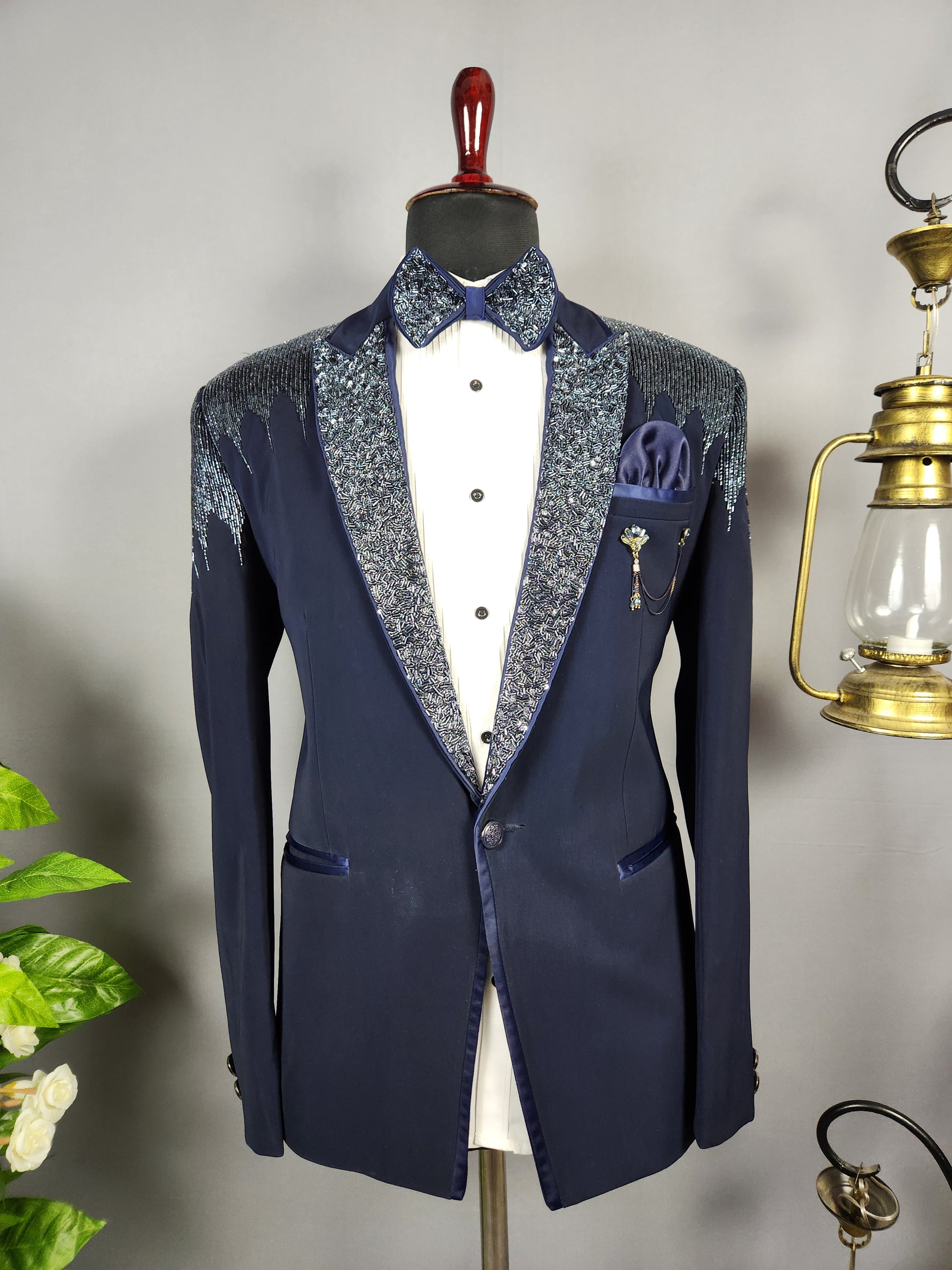 Men's blue tuxedo suit for Indian groom, perfect for wedding and reception wear
