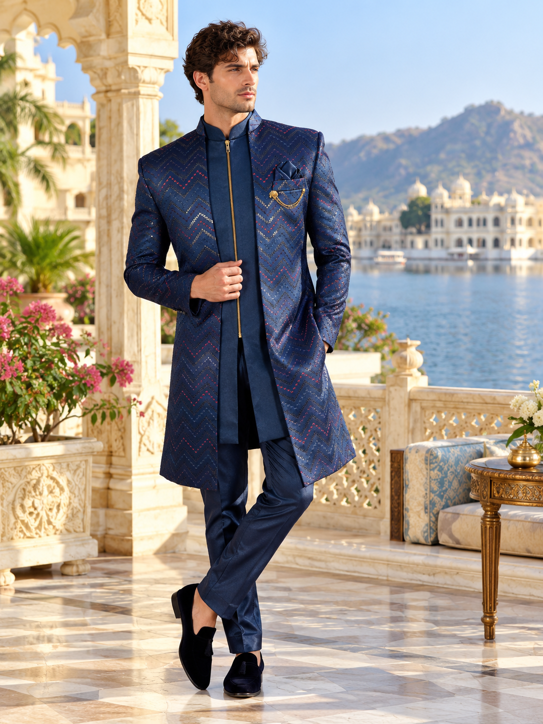Blue Indo-Western Sherwani for Men | Indian Groom Wedding Outfit