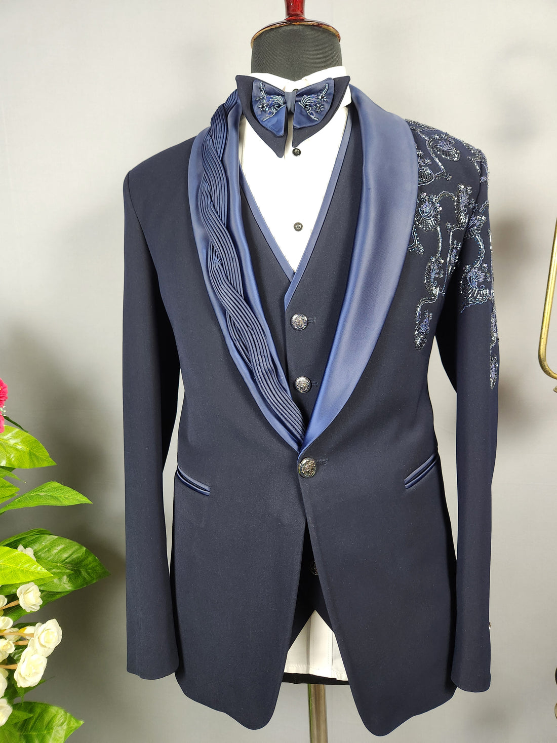Men's blue tuxedo suit for Indian groom, perfect for wedding and reception wear
