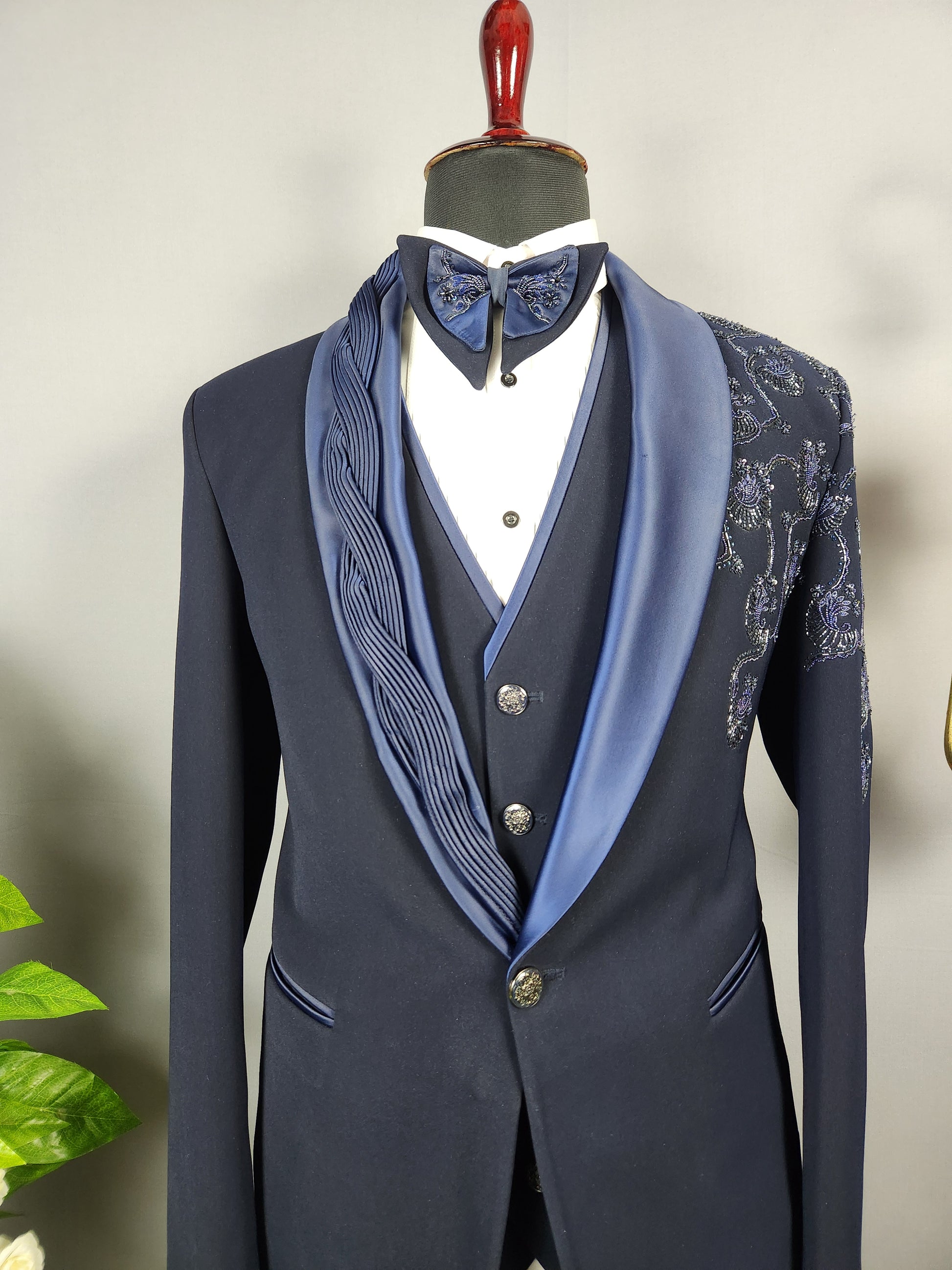 Men's blue tuxedo suit for Indian groom, perfect for wedding and reception wear
