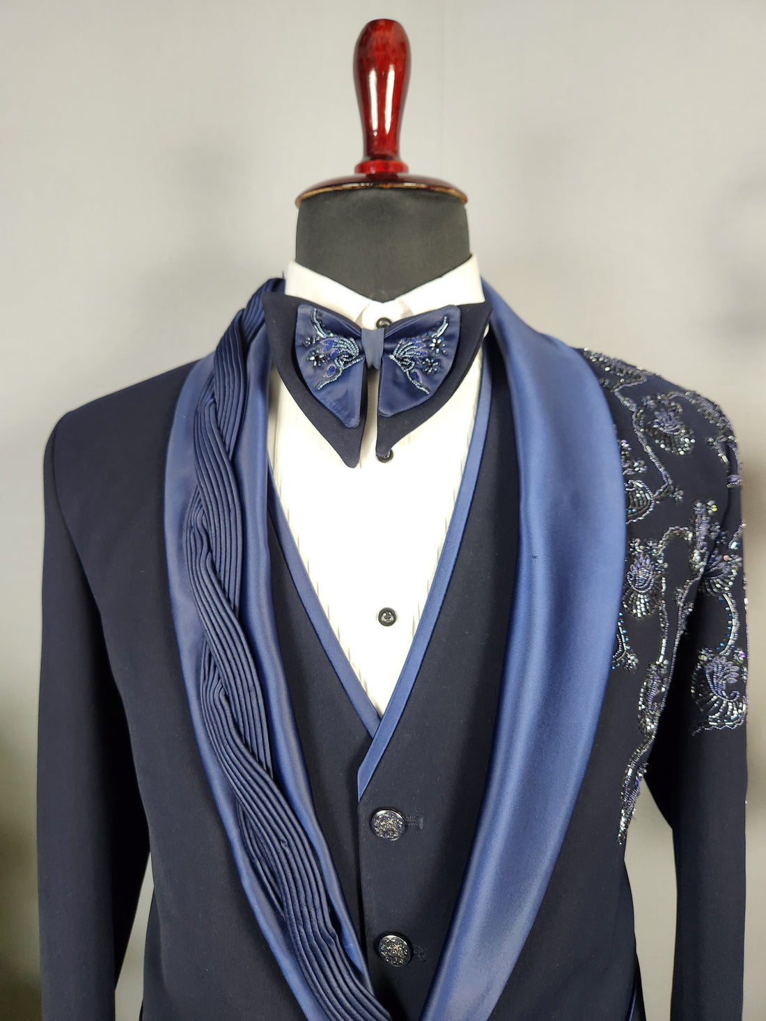 Men's blue tuxedo suit for Indian groom, perfect for wedding and reception wear
