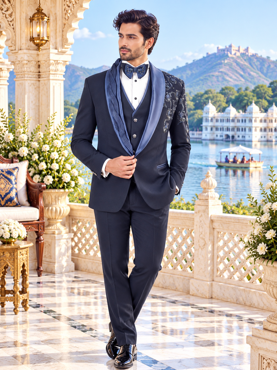Luxurious Blue Men's Tuxedo Suit for Wedding | Indian Groom Reception Outfit